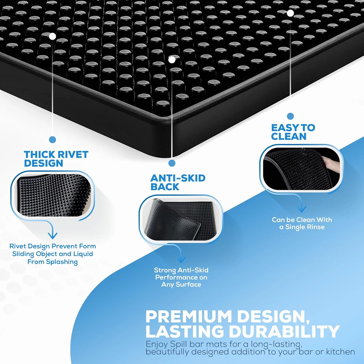 Rubber Bar Mat by Wishmart Set of 2 (18x12 Inches) | Drying, Durable & Stylish Spill Mats for Bars, Restaurants, Coffee Shops, Bar Mats for Countertop and Table Top, Non-Slip & Non-Toxic Mats (Black)