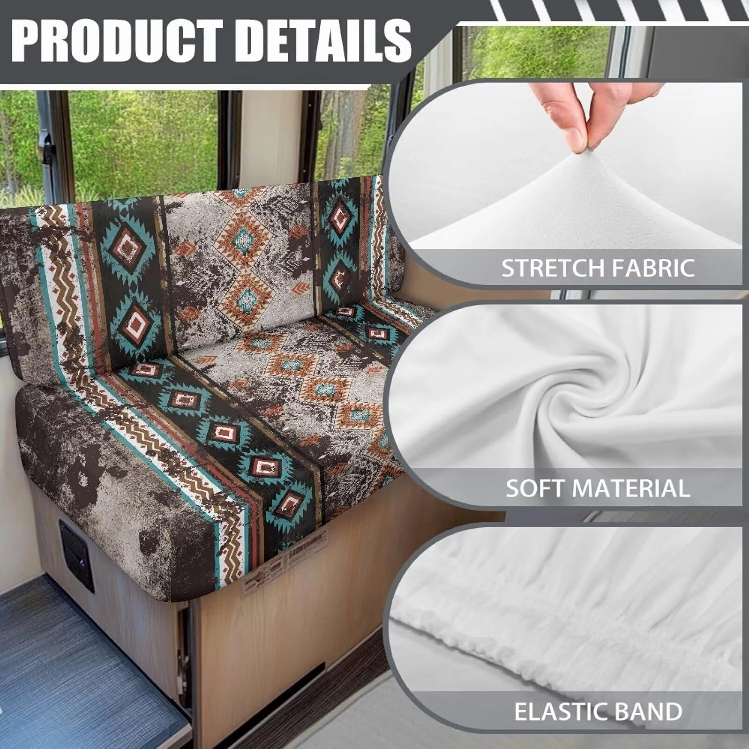 RV Dinette Cushion Covers Southwestern Native Tribal Geometric Camper Cushion Covers Dinette Booth Set Stretchy RV Seat Covers for Travel Trailer Couch Sofa,1 Bench Cover,1 Backrest Cover