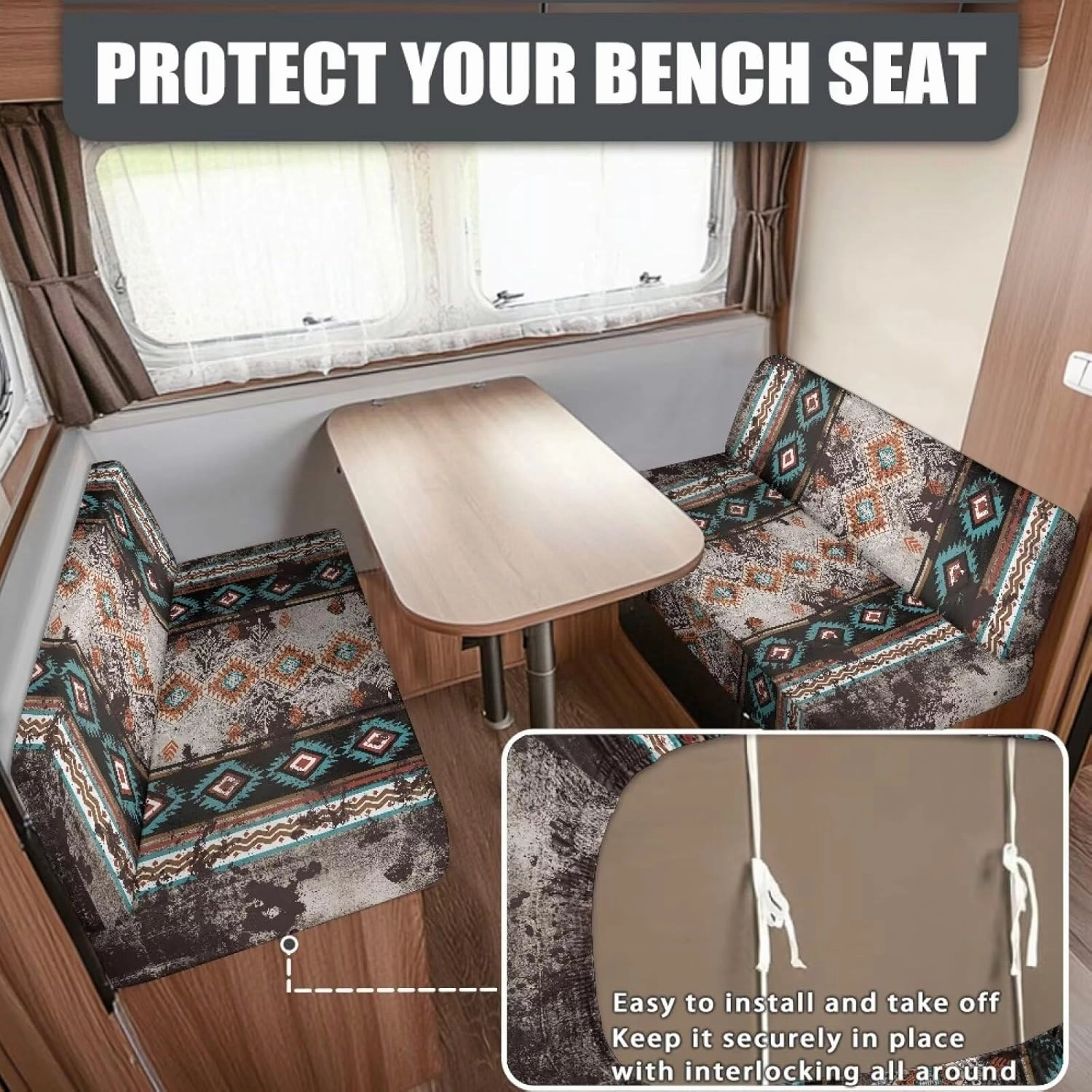 RV Dinette Cushion Covers Southwestern Native Tribal Geometric Camper Cushion Covers Dinette Booth Set Stretchy RV Seat Covers for Travel Trailer Couch Sofa,1 Bench Cover,1 Backrest Cover