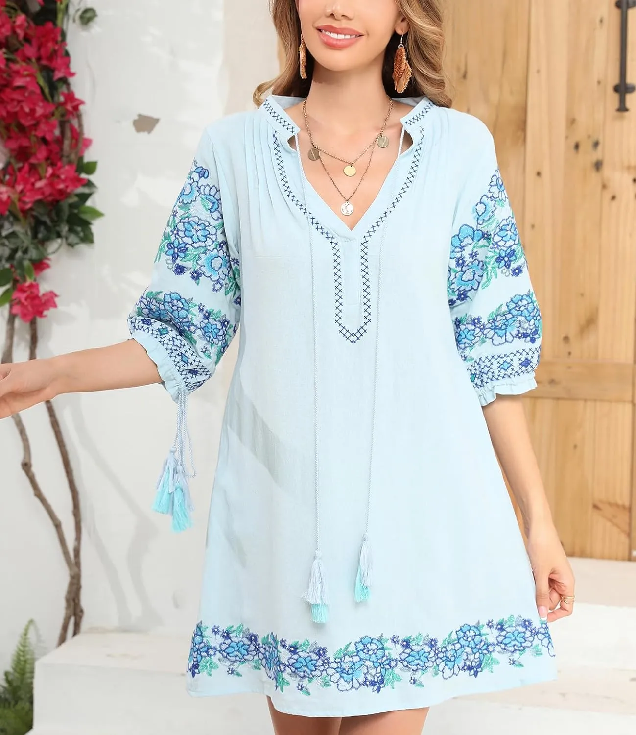 R.Vivimos Women's Autumn 3/4 Sleeve Cotton V Neck Floral Embroidery Casual Tunic Dresses