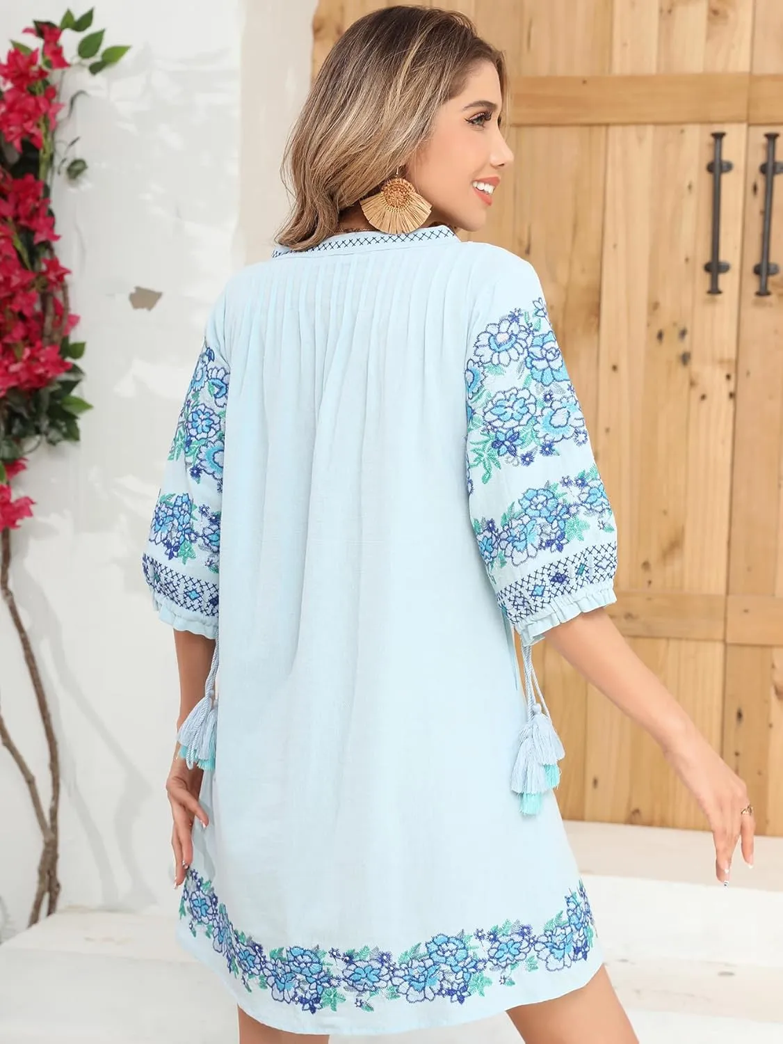 R.Vivimos Women's Autumn 3/4 Sleeve Cotton V Neck Floral Embroidery Casual Tunic Dresses