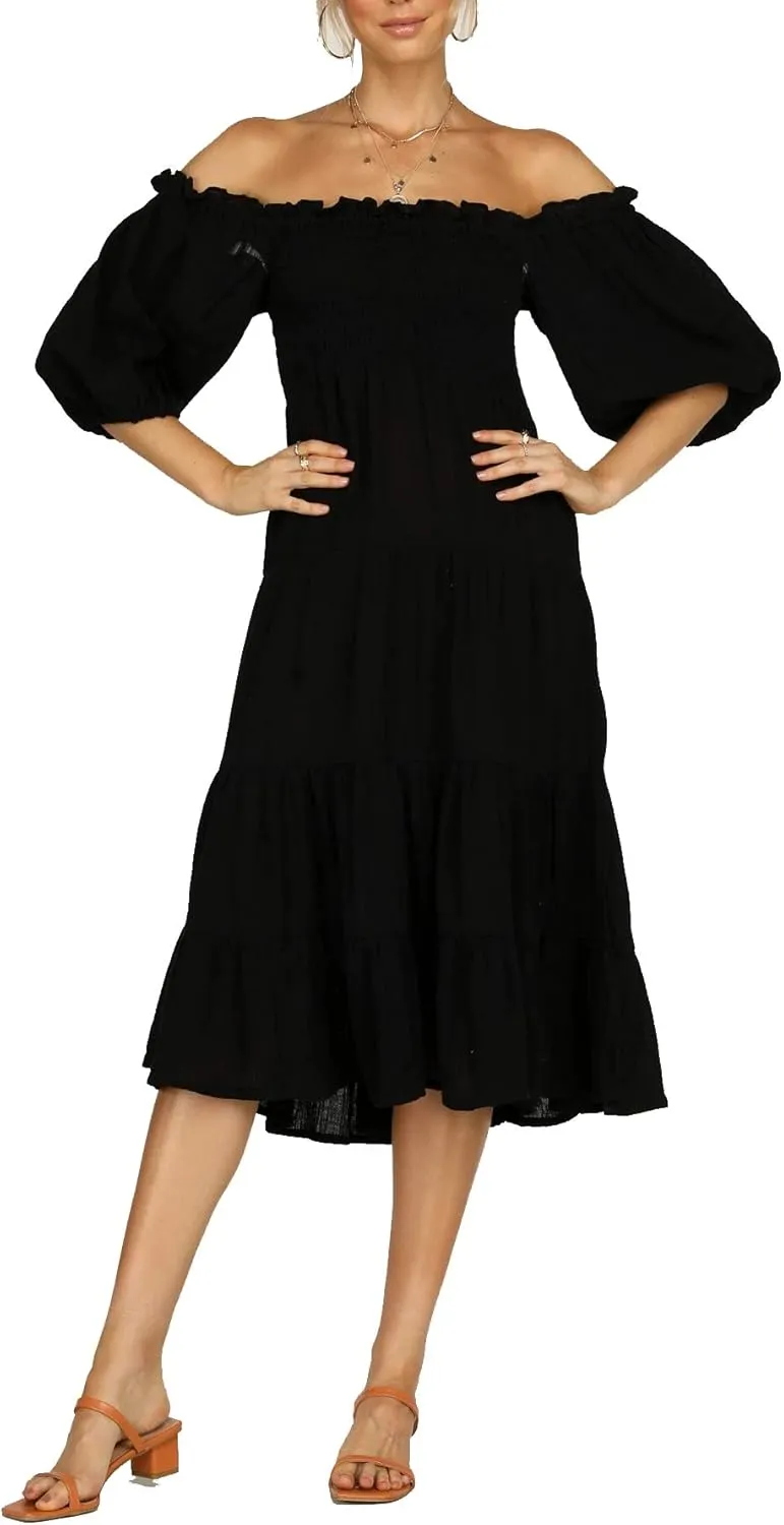 R.Vivimos Women's Summer Cotton Lantern Sleeves Ruffled Off Shoulder A-Line Midi Dresses
