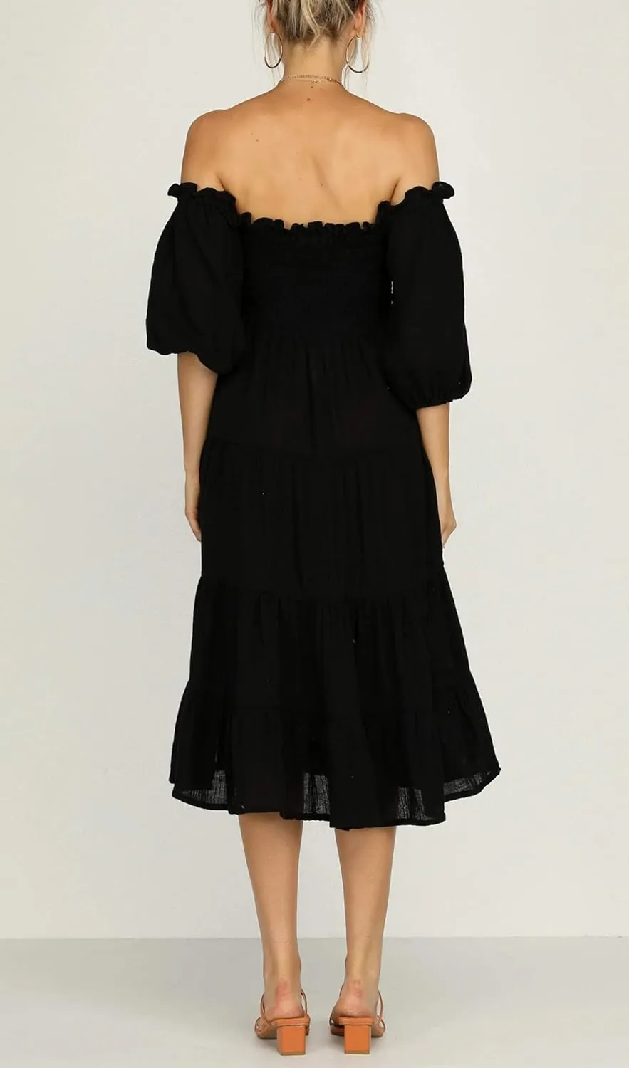 R.Vivimos Women's Summer Cotton Lantern Sleeves Ruffled Off Shoulder A-Line Midi Dresses