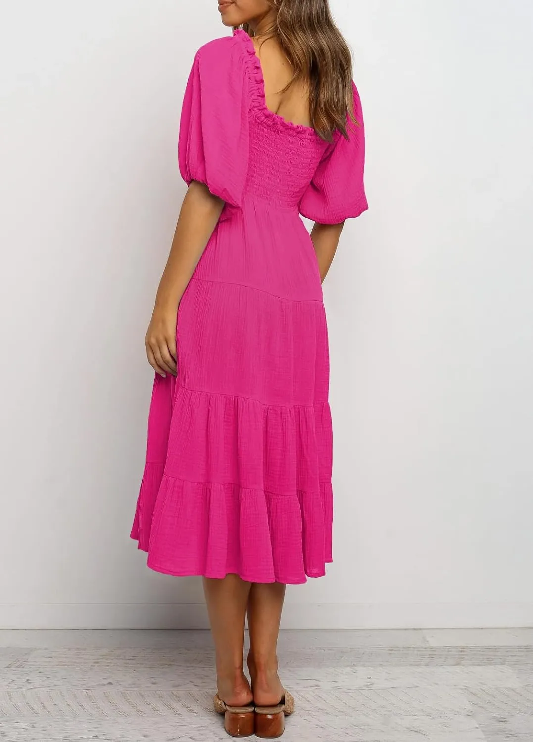 R.Vivimos Women's Summer Cotton Lantern Sleeves Ruffled Off Shoulder A-Line Midi Dresses
