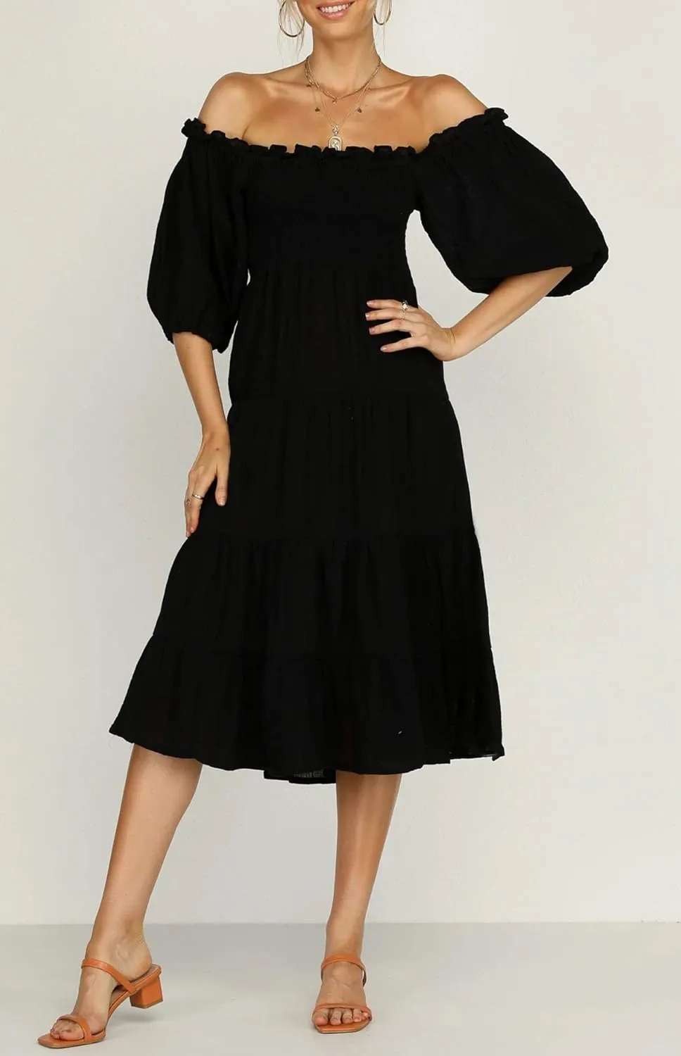 R.Vivimos Women's Summer Cotton Lantern Sleeves Ruffled Off Shoulder A-Line Midi Dresses