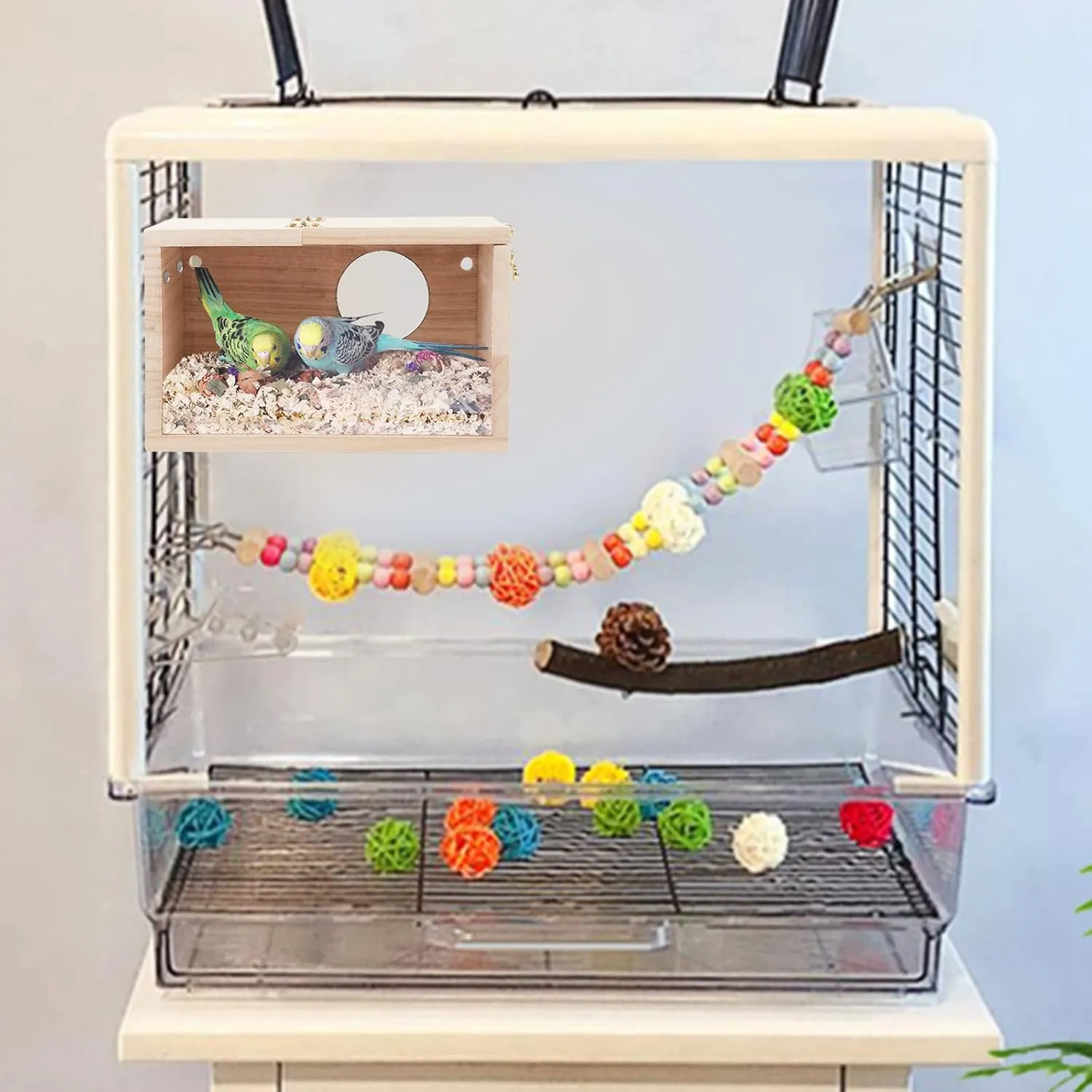 Rypet Parakeet Nesting Box Transparent Design, Thwartwise Bird Nest Breeding Box with Perch Wood Bird Cage House for Cockatiel Lovebirds Budgie Finch Parrotlets Canary S