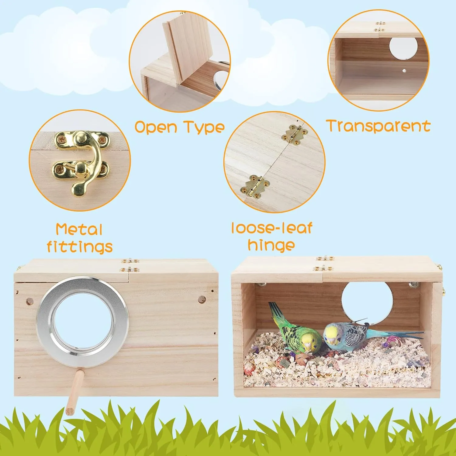 Rypet Parakeet Nesting Box Transparent Design, Thwartwise Bird Nest Breeding Box with Perch Wood Bird Cage House for Cockatiel Lovebirds Budgie Finch Parrotlets Canary S