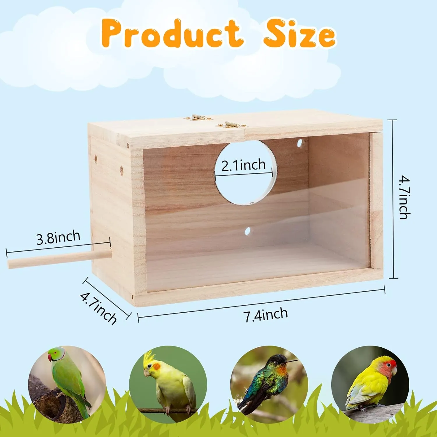 Rypet Parakeet Nesting Box Transparent Design, Thwartwise Bird Nest Breeding Box with Perch Wood Bird Cage House for Cockatiel Lovebirds Budgie Finch Parrotlets Canary S