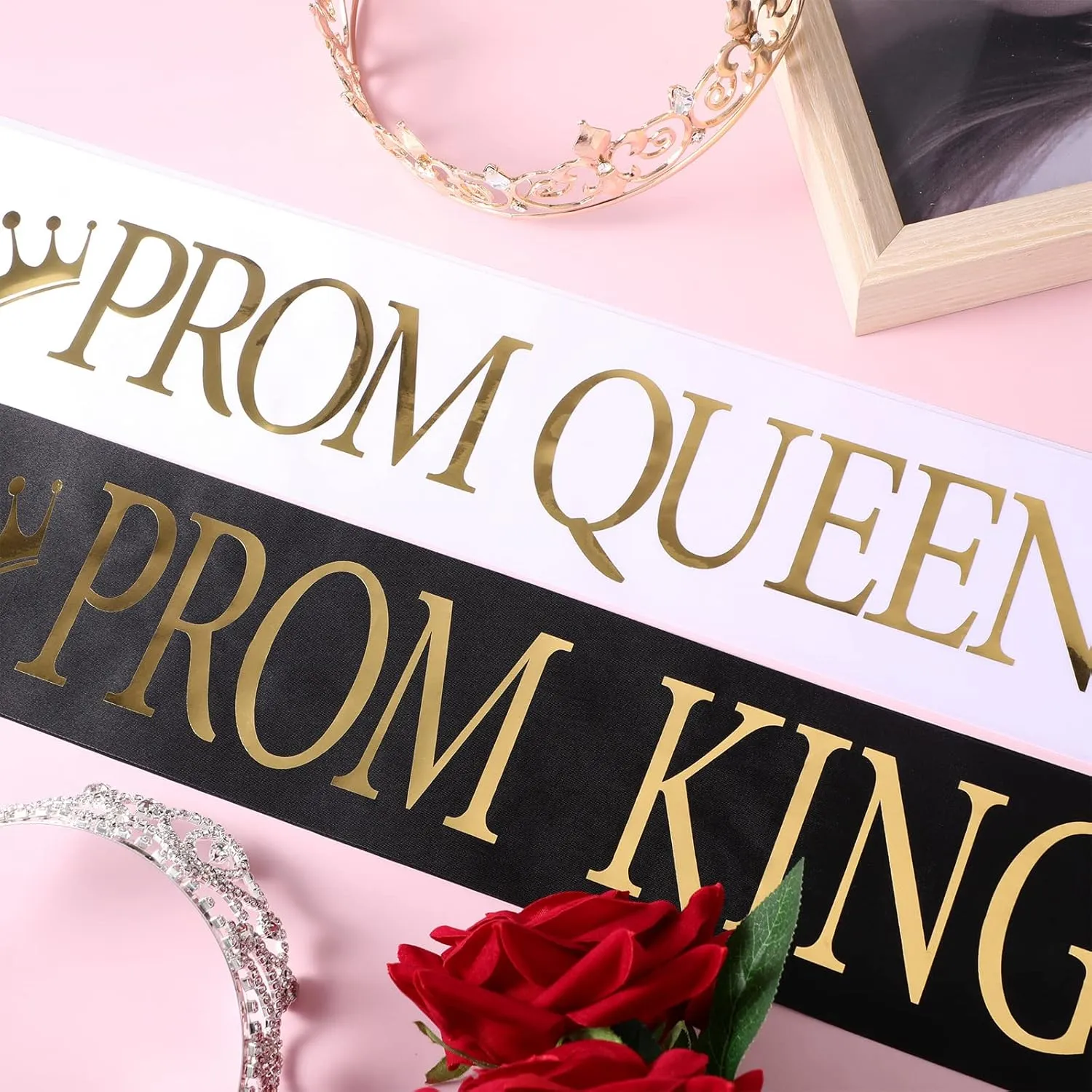 Saintrygo Prom Queen and King Prom Sash Crowns Tiara Bridal Shiny Satin Queen and King Headbands for Adult 2025 Grad Crown Sash for Women Wedding Pageant Halloween Cosplay Favors(4 Pcs,Modern Style)