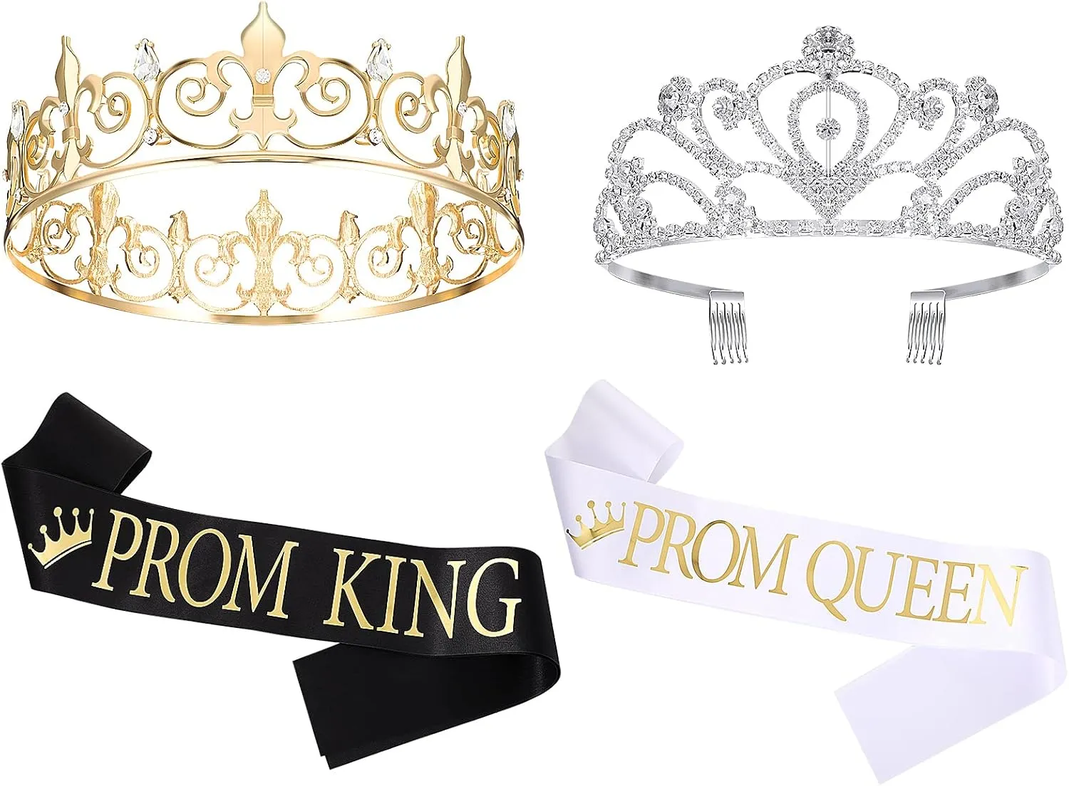 Saintrygo Prom Queen and King Prom Sash Crowns Tiara Bridal Shiny Satin Queen and King Headbands for Adult 2025 Grad Crown Sash for Women Wedding Pageant Halloween Cosplay Favors(4 Pcs,Modern Style)