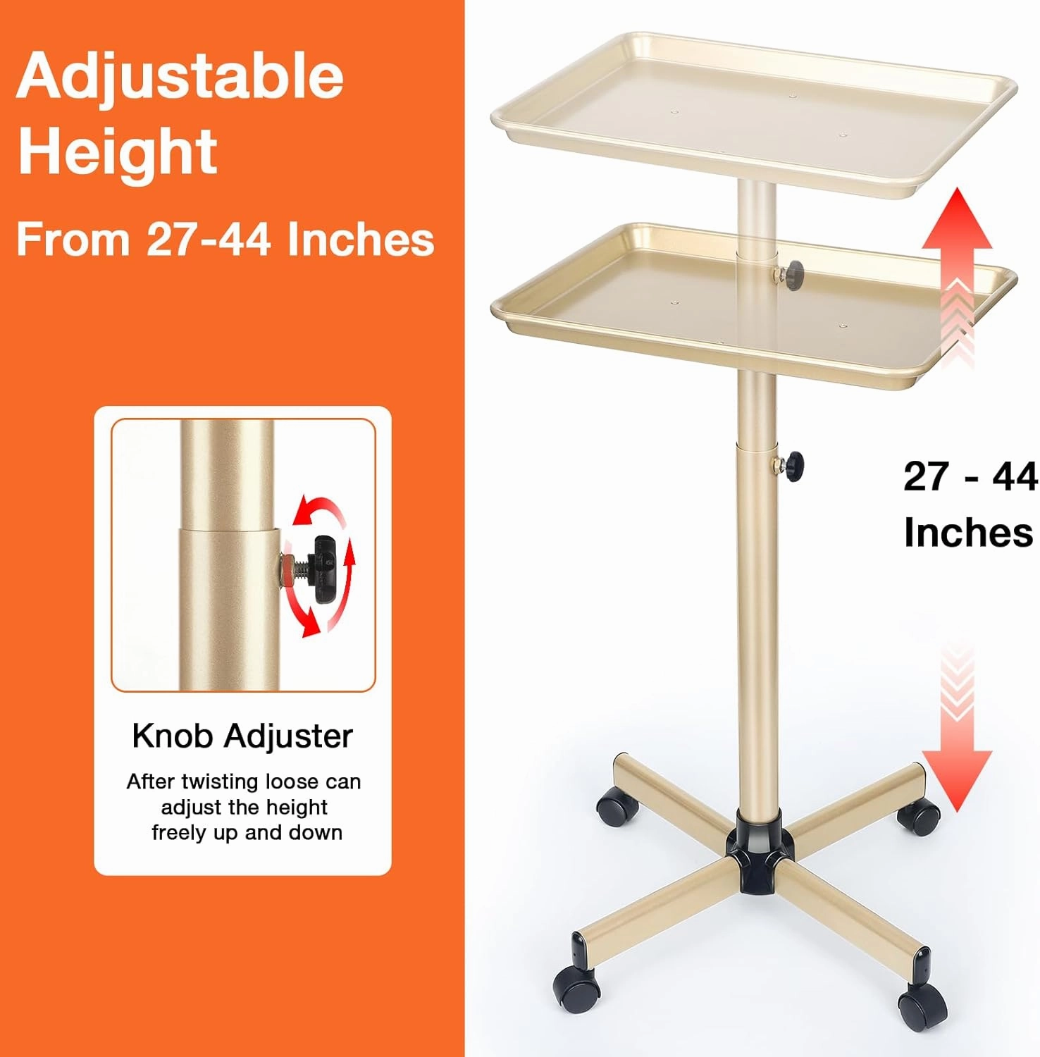 Salon Tray on Wheels, Champagne Gold Salon Tray Cart with Adjustable Height, Hair Stylist Tray, Premium Aluminium Tattoo Tray, Suitable for SPA and Dental Tray