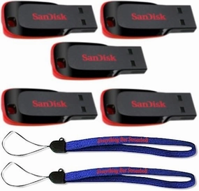 SanDisk Cruzer Blade 8GB (5 pack) USB 2.0 Flash Drive Jump Drive Pen Drive SDCZ50 - Five Pack w/ (2) Everything But Stromboli (TM) Lanyard
