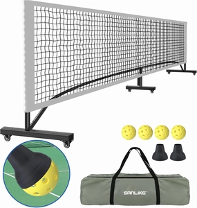 SANLIKE Portable Pickleball Net with Wheels for Driveway, Regulation Size 22 FT, Pickle Ball Net System with Carrying Bag, 4 Training Pickleballs and 2 Ball Pickups for Backyards Garages