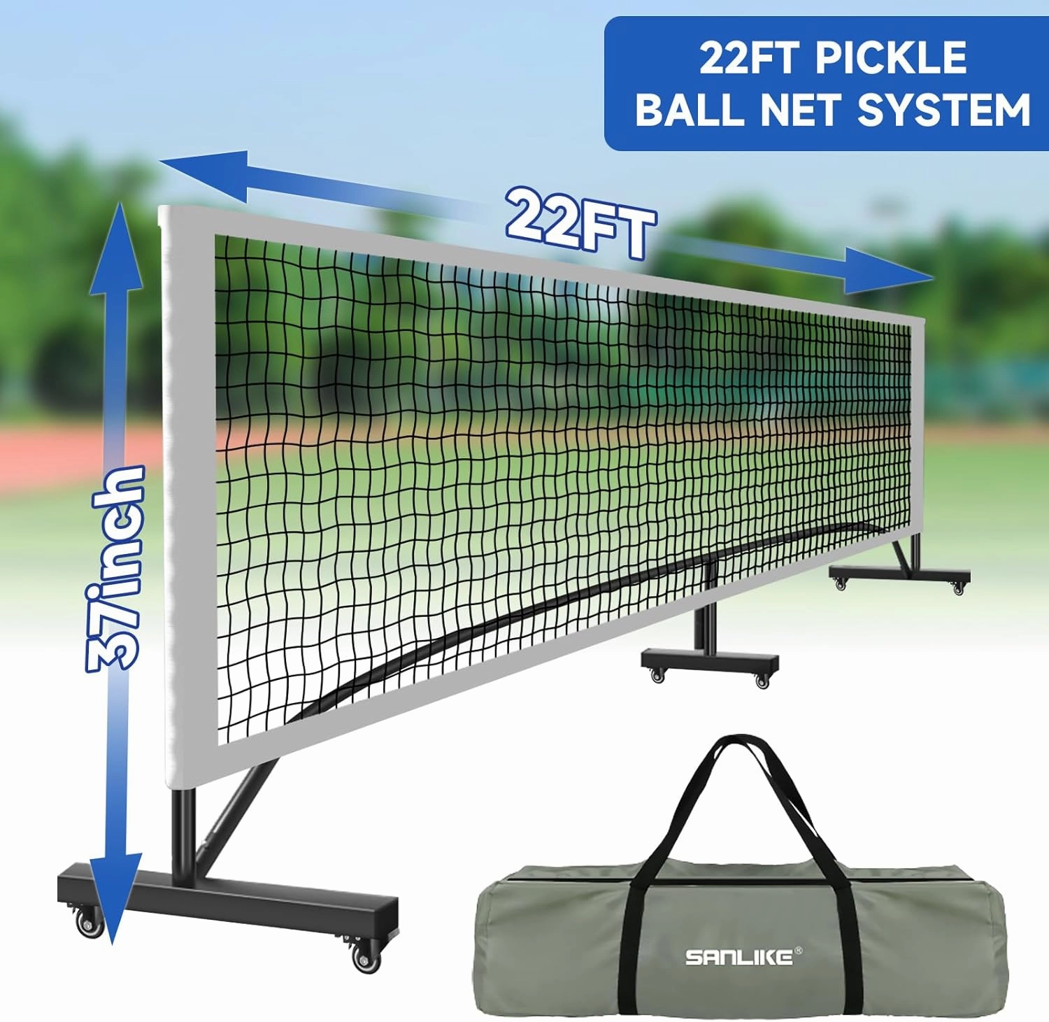 SANLIKE Portable Pickleball Net with Wheels for Driveway, Regulation Size 22 FT, Pickle Ball Net System with Carrying Bag, 4 Training Pickleballs and 2 Ball Pickups for Backyards Garages