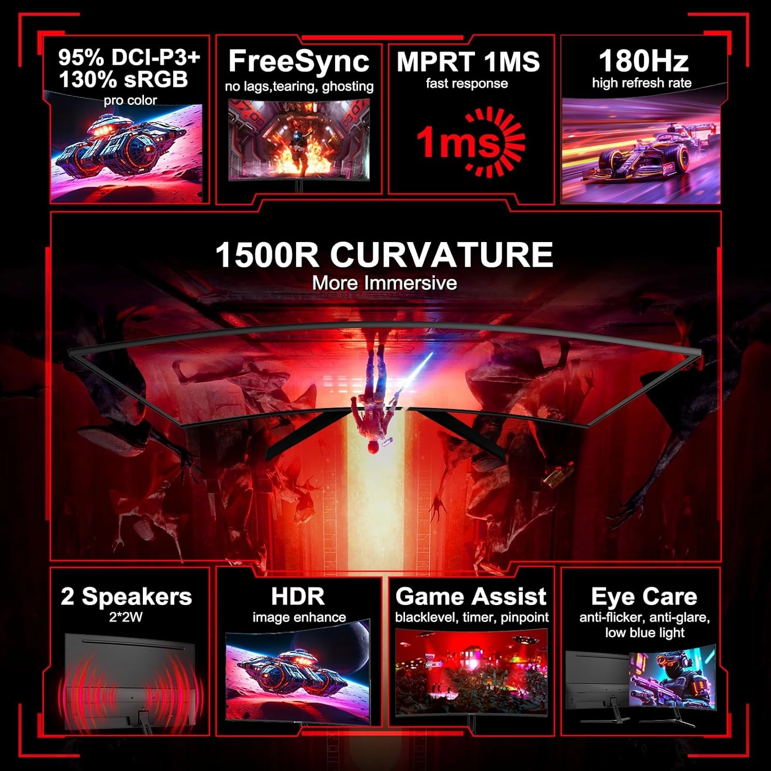 SANSUI 27 Inch Curved Gaming Monitor 180Hz 1ms with Speakers FHD 1080P Computer Monitor FreeSync|1500R|130% sRGB|HDR|Low Blue Light|HDMI DP Ports|VESA Mount|Metal Stand(ES-G27C1 HDMI Cable Included)