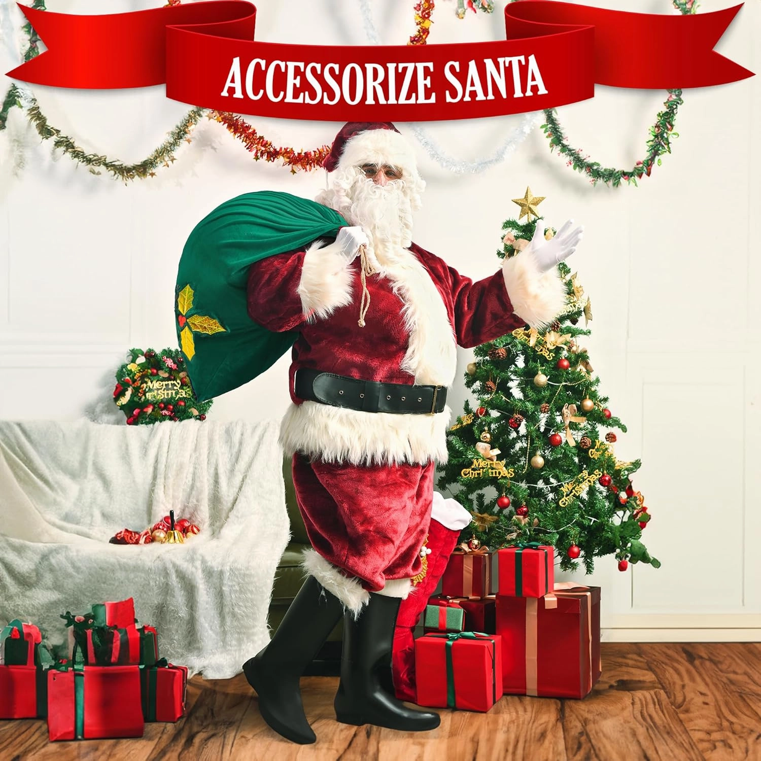 Santa Christmas Gift Bag Large Stretchy Velour Present Sack with Golden Drawstring, 36" x 27"