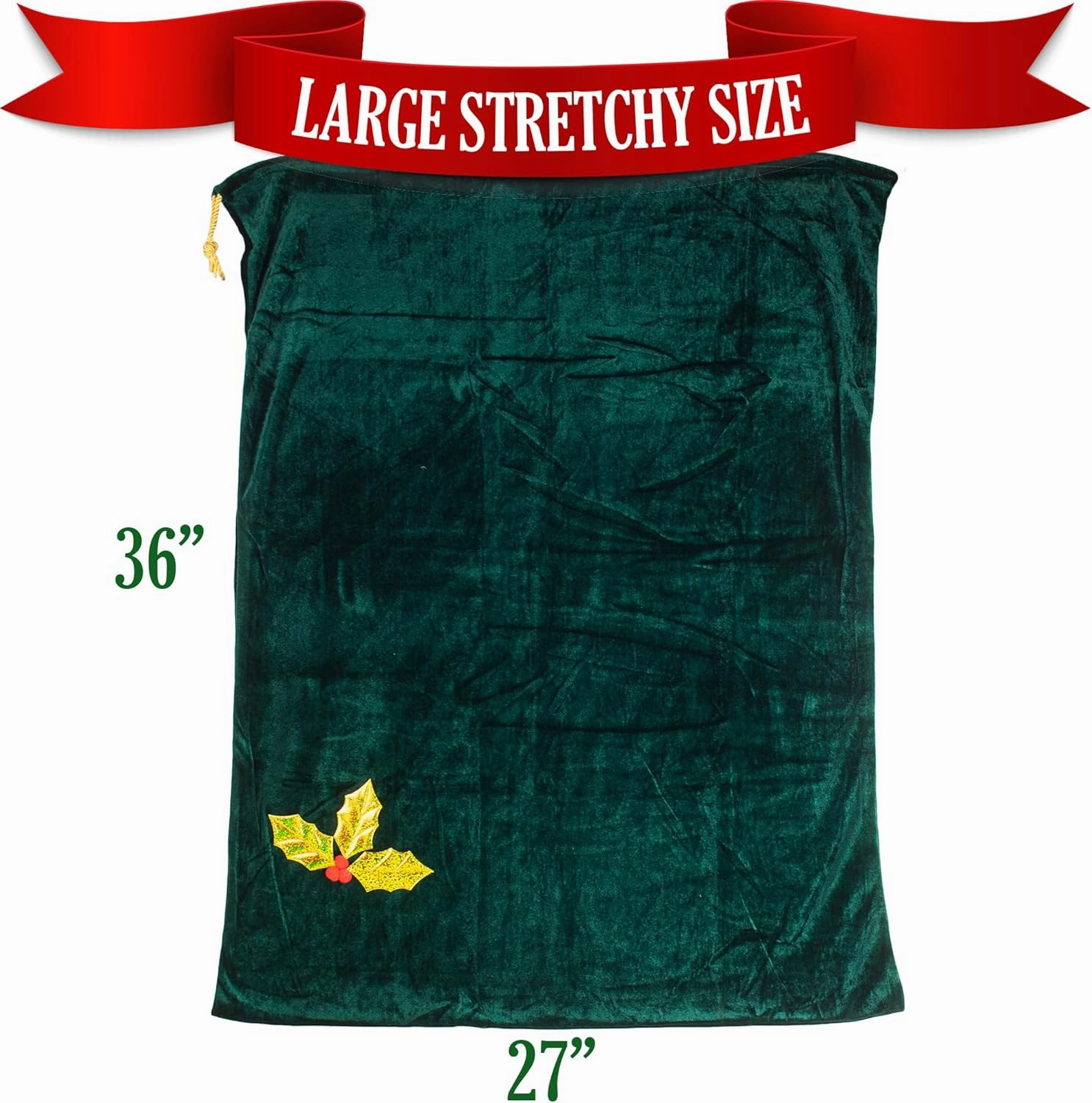 Santa Christmas Gift Bag Large Stretchy Velour Present Sack with Golden Drawstring, 36" x 27"