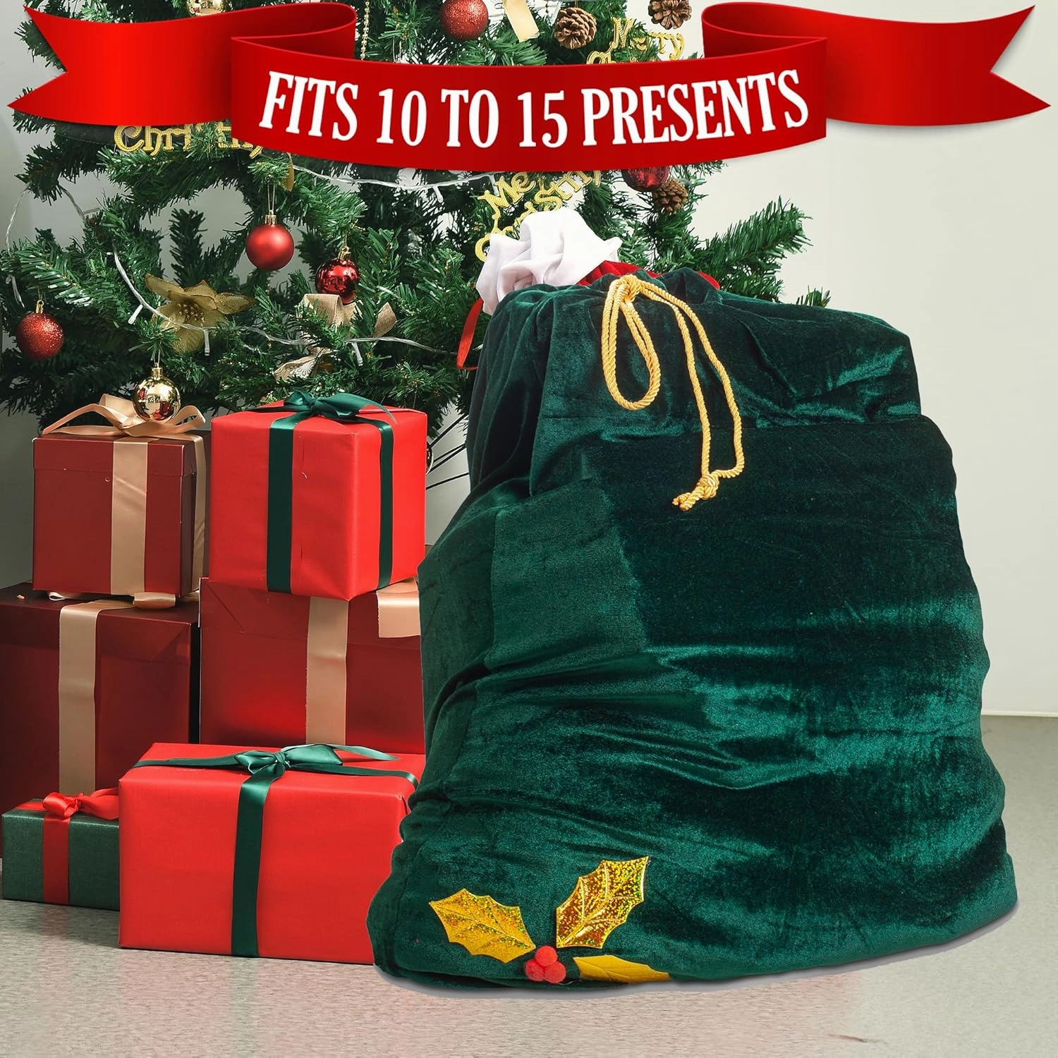 Santa Christmas Gift Bag Large Stretchy Velour Present Sack with Golden Drawstring, 36" x 27"