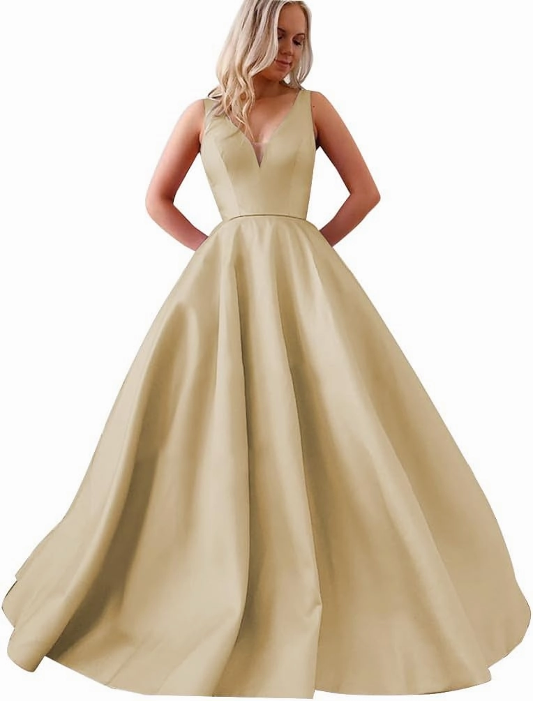 Satin A Line Prom Dresses for Bride V Neck Prom Dresses with Pockets Simple Long Ball Gowns