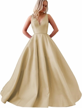 Satin A Line Prom Dresses for Bride V Neck Prom Dresses with Pockets Simple Long Ball Gowns