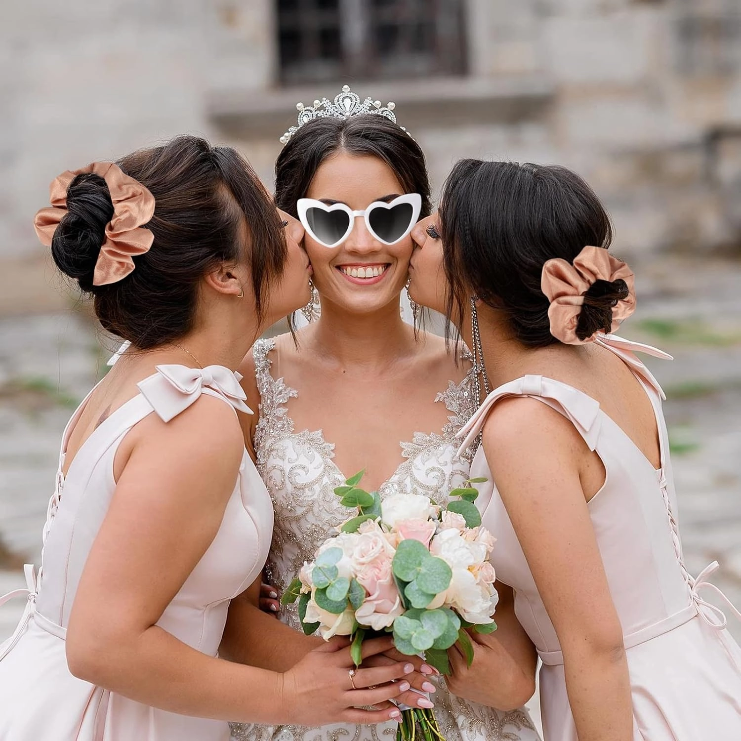 Satin Bridesmaid Scrunchies Bachelorette Hair Ties Set of 12 sunglasses Bridal Shower No Damage Hairties ideas Gift for Wedding Party Favors Bridesmaid Proposal Gifts (Dusty Blue)