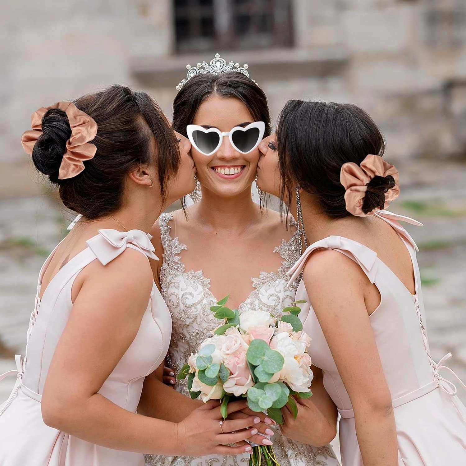 Satin Bridesmaid Scrunchies Bachelorette Hair Ties Set of 12 sunglasses Bridal Shower No Damage Hairties ideas Gift for Wedding Party Favors Bridesmaid Proposal Gifts (White&Black)