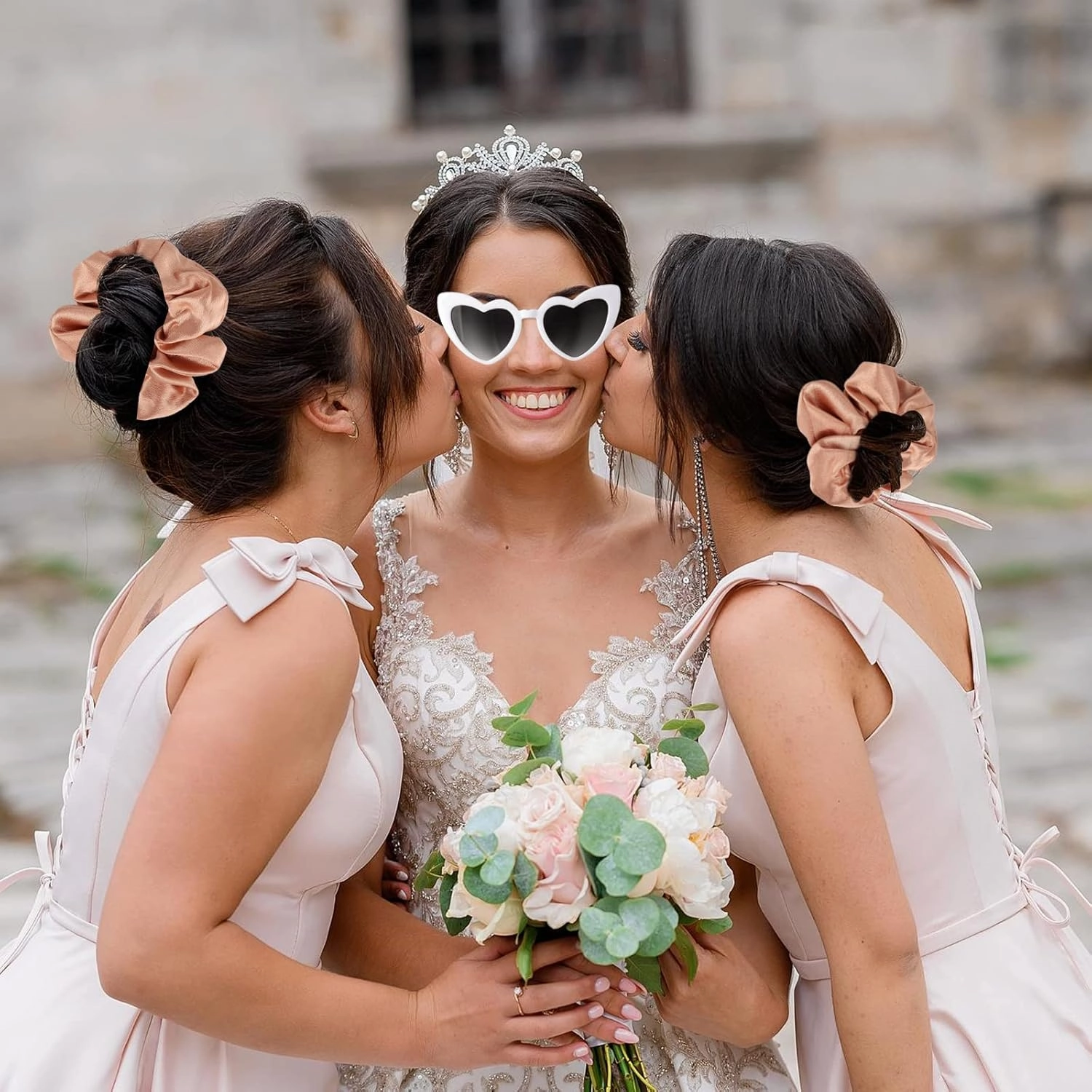 Satin Bridesmaid Scrunchies Bachelorette Hair Ties Set of 12 sunglasses Bridal Shower No Damage Hairties ideas Gift for Wedding Party Favors Bridesmaid Proposal Gifts (White&Champagne)