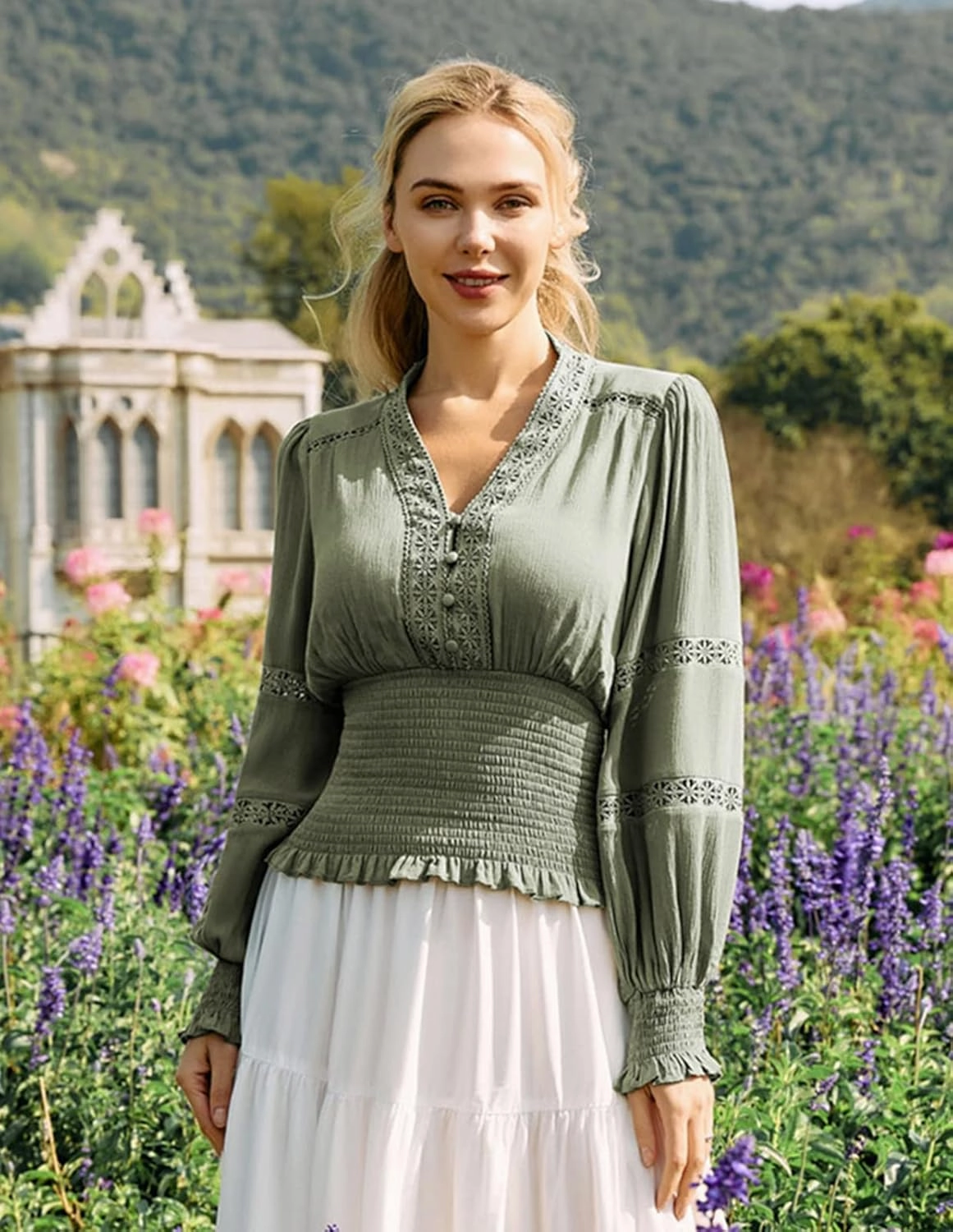 Scarlet Darkness Women's Renaissance Peasant Blouse V Neck Lantern Sleeve Lace Smocked Tops