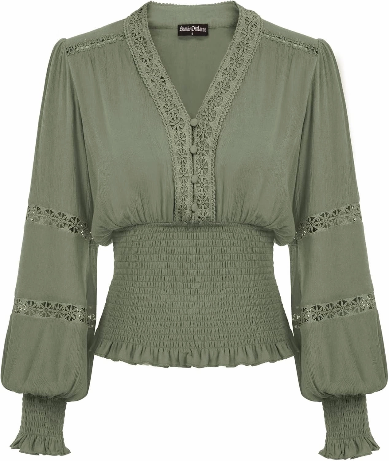 Scarlet Darkness Women's Renaissance Peasant Blouse V Neck Lantern Sleeve Lace Smocked Tops