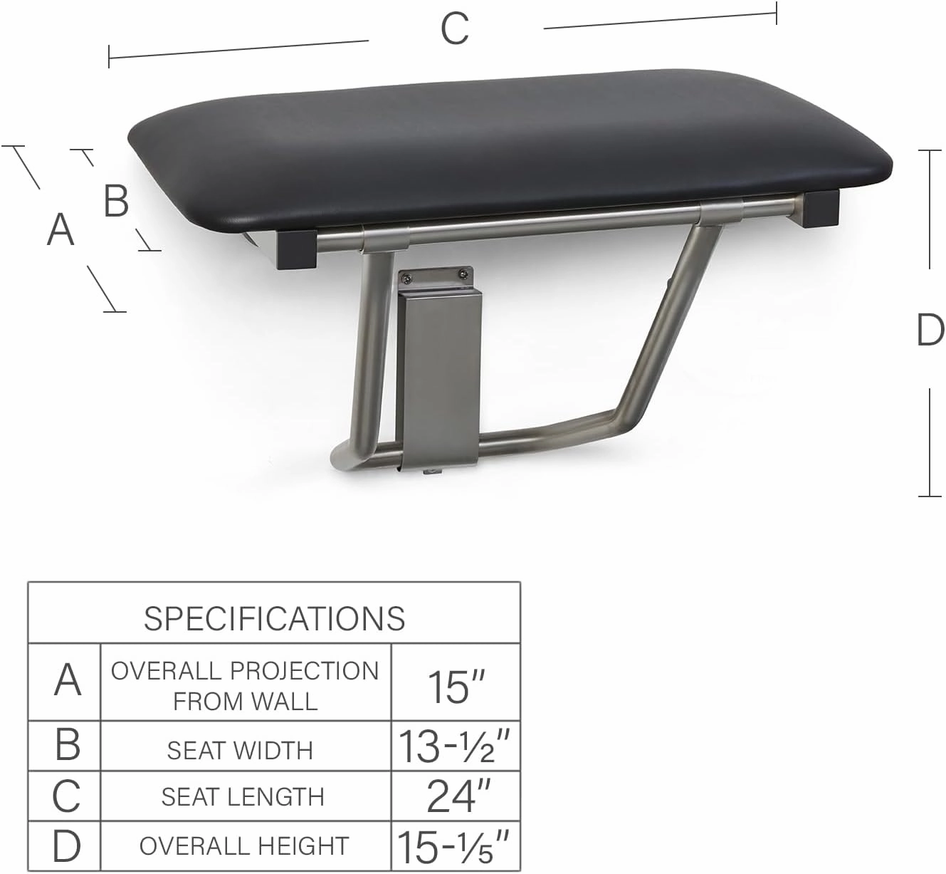 Seachrome 18" x 15" Black Padded Cushion Folding Wall Mount Bench Shower Seat, ADA Compliant