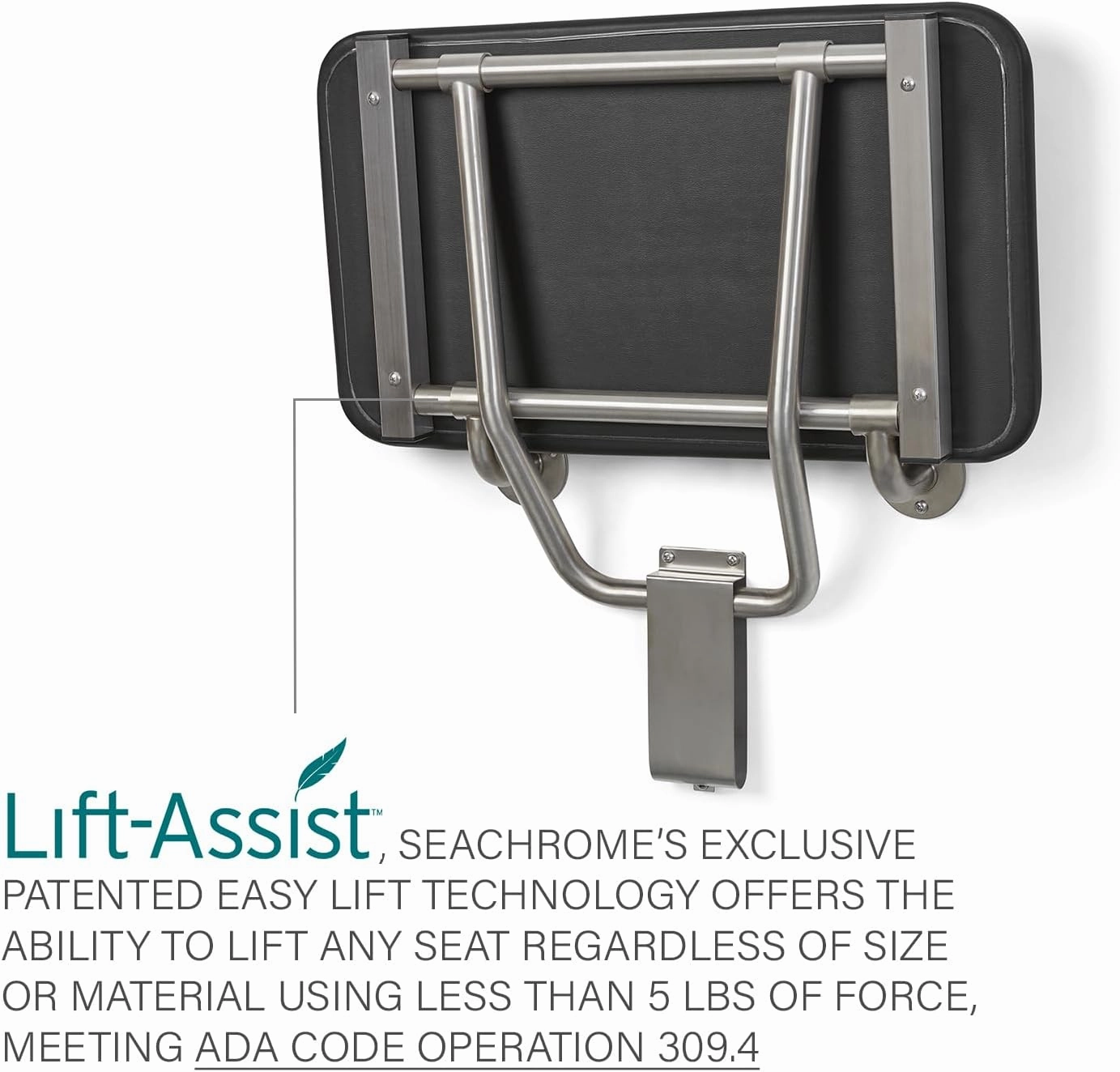 Seachrome 18" x 15" Black Padded Cushion Folding Wall Mount Bench Shower Seat, ADA Compliant