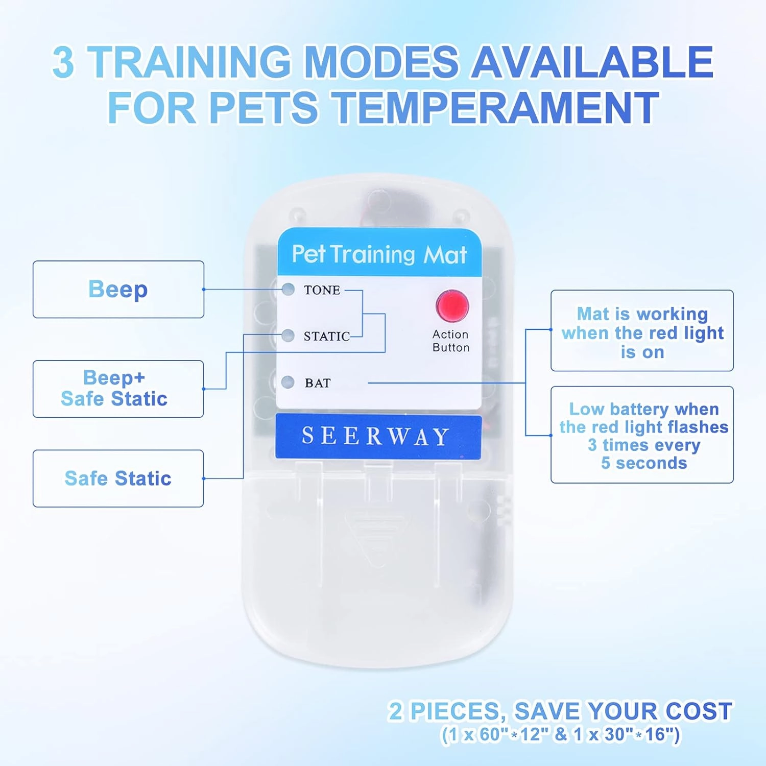 SEERWAY Scat Pet Shock Mat 2 Pieces in Different Size, Shock Pads for Dogs and Cats Training Indoor, Electric Repellent Mat Keeps Pets Off Couch, Sofa, Countertop, 3 Modes (60" x12”   30"x16")