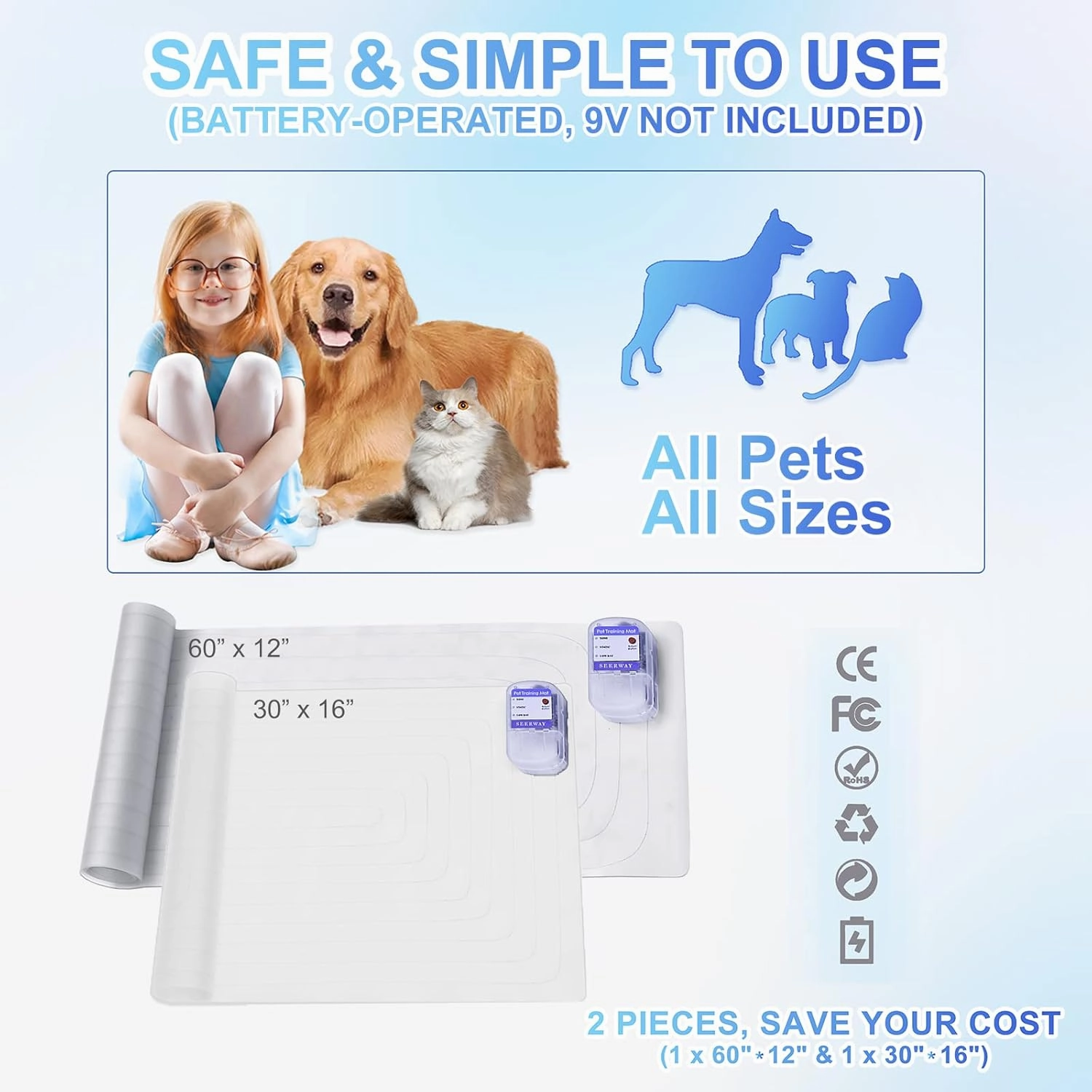 SEERWAY Scat Pet Shock Mat 2 Pieces in Different Size, Shock Pads for Dogs and Cats Training Indoor, Electric Repellent Mat Keeps Pets Off Couch, Sofa, Countertop, 3 Modes (60" x12”   30"x16")