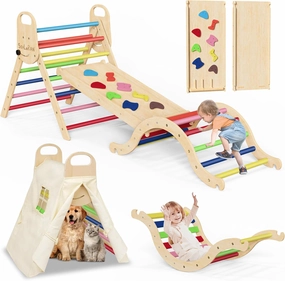 Sehloran Large Size 8 in 1 Pikler Triangle Set with Pinball Game and Tent for Kids, Foldable Toddler Climbing Toys Indoor, Natural Wooden Montessori Climbing Set Jungle Gym with Arch&Ramp&Ladder