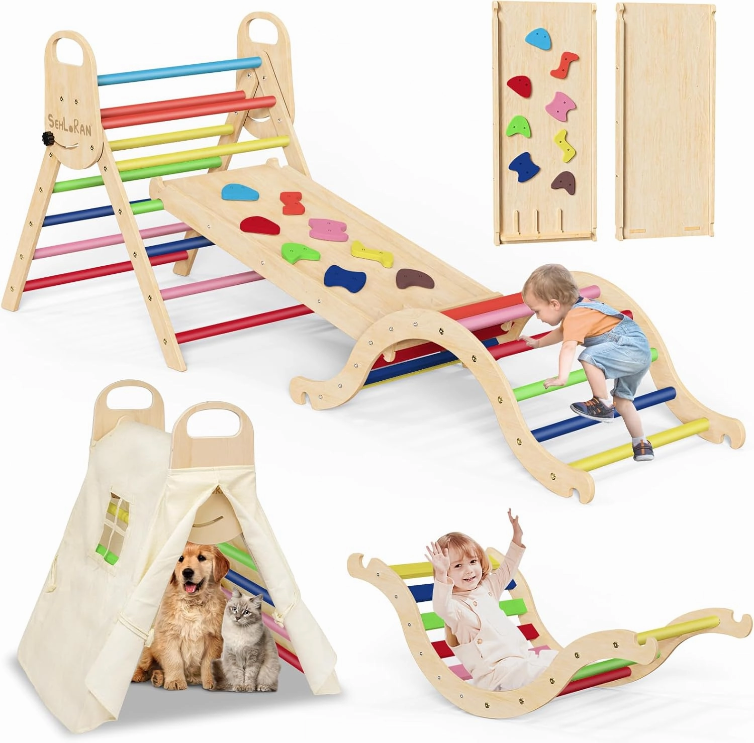 Sehloran Large Size 8 in 1 Pikler Triangle Set with Pinball Game and Tent for Kids, Foldable Toddler Climbing Toys Indoor, Natural Wooden Montessori Climbing Set Jungle Gym with Arch&Ramp&Ladder