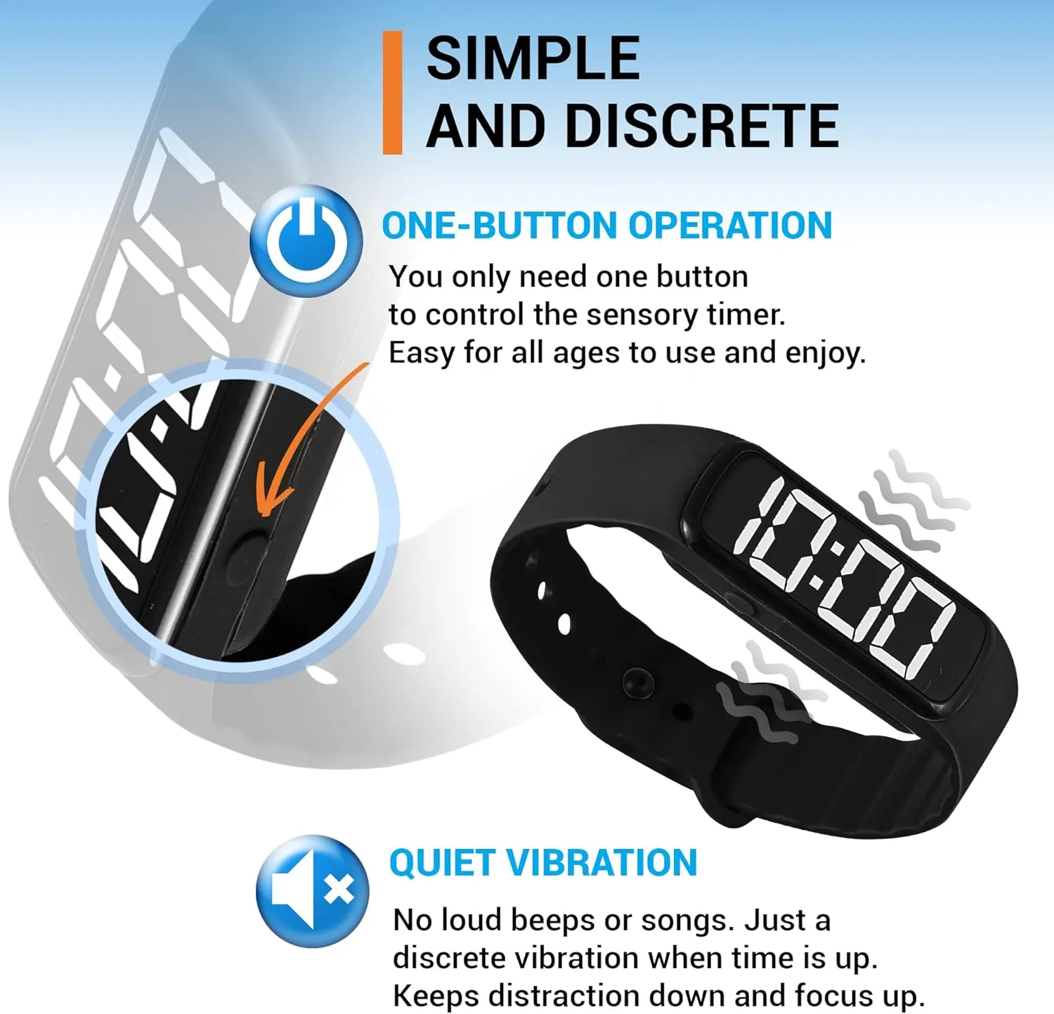 Sensory Wrist Timer for Kids, Teachers, Students, Simple Reminder Watch with Silent Alarm Clock Wristband, Classroom Countdown (Black)