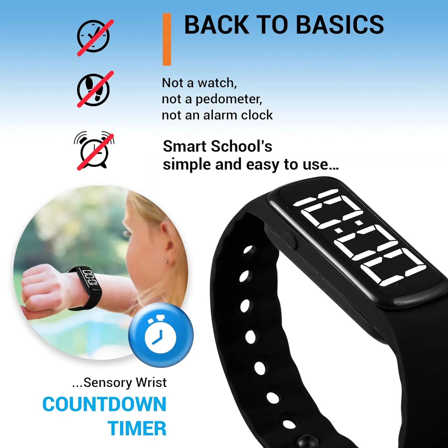 Sensory Wrist Timer for Kids, Teachers, Students, Simple Reminder Watch with Silent Alarm Clock Wristband, Classroom Countdown (Black)