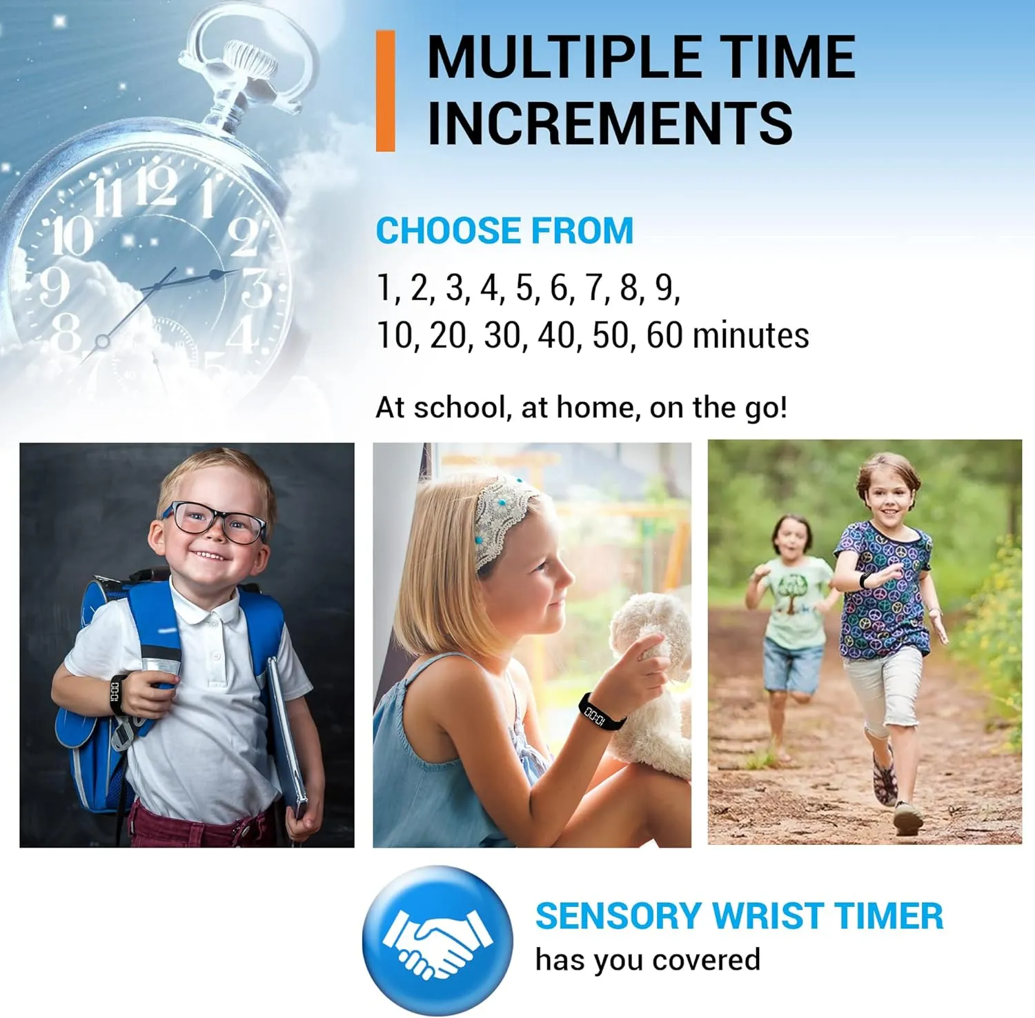 Sensory Wrist Timer for Kids, Teachers, Students, Simple Reminder Watch with Silent Alarm Clock Wristband, Classroom Countdown (Black)