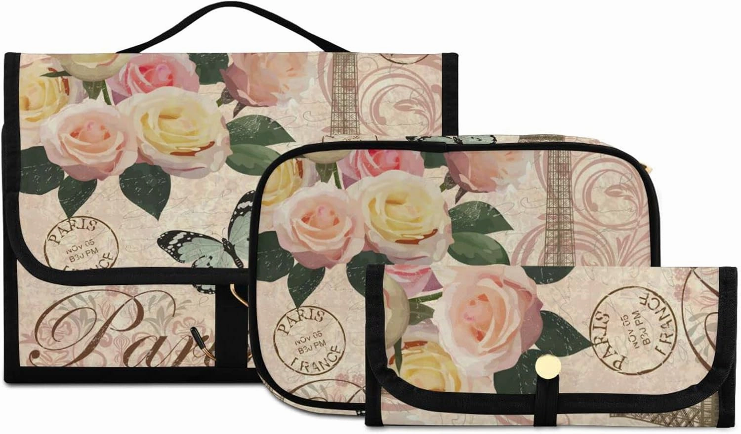 senya Vintage Paris Eiffel Toiletry Bag Hanging Travel Makeup Bag 3 PCS, Portable Makeup Organizer Cosmetic Bag Clear