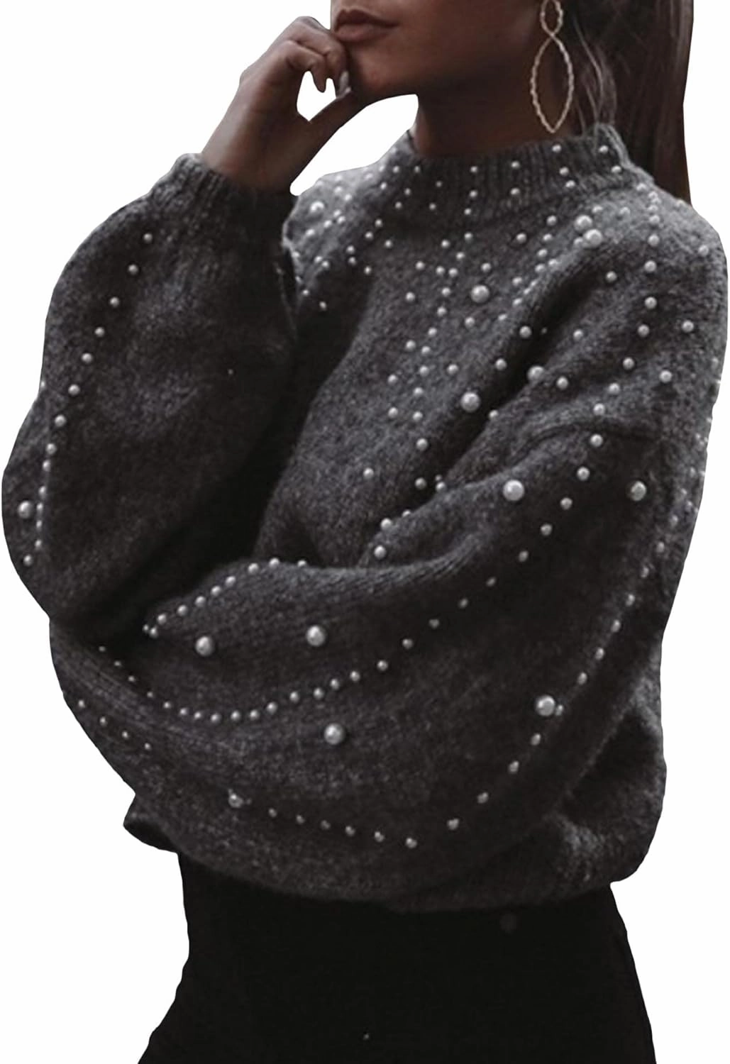 Sexyshine Women's Pearl Beading Mock Neck Sweater Elegant Long Sleeve Chunky Knitted Pullover Oversized Jumper Top