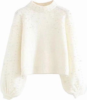 Sexyshine Women's Pearl Beading Mock Neck Sweater Elegant Long Sleeve Chunky Knitted Pullover Oversized Jumper Top