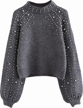 Sexyshine Women's Pearl Beading Mock Neck Sweater Elegant Long Sleeve Chunky Knitted Pullover Oversized Jumper Top