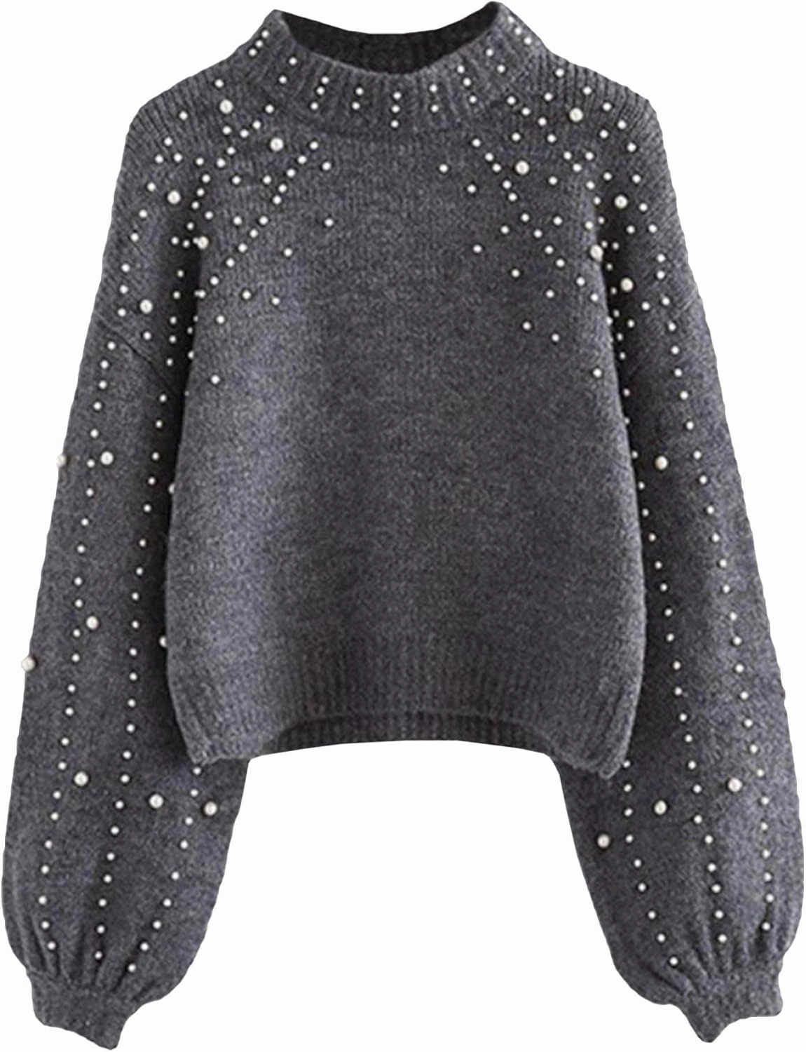 Sexyshine Women's Pearl Beading Mock Neck Sweater Elegant Long Sleeve Chunky Knitted Pullover Oversized Jumper Top
