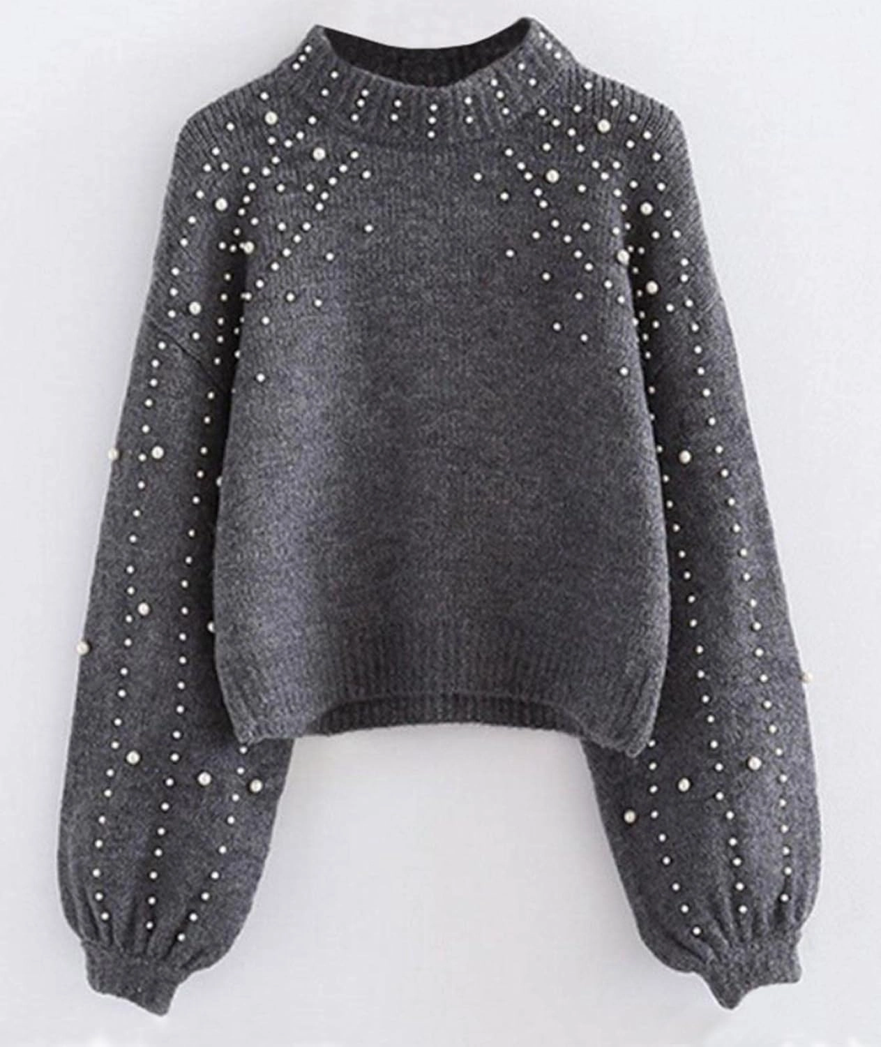 Sexyshine Women's Pearl Beading Mock Neck Sweater Elegant Long Sleeve Chunky Knitted Pullover Oversized Jumper Top
