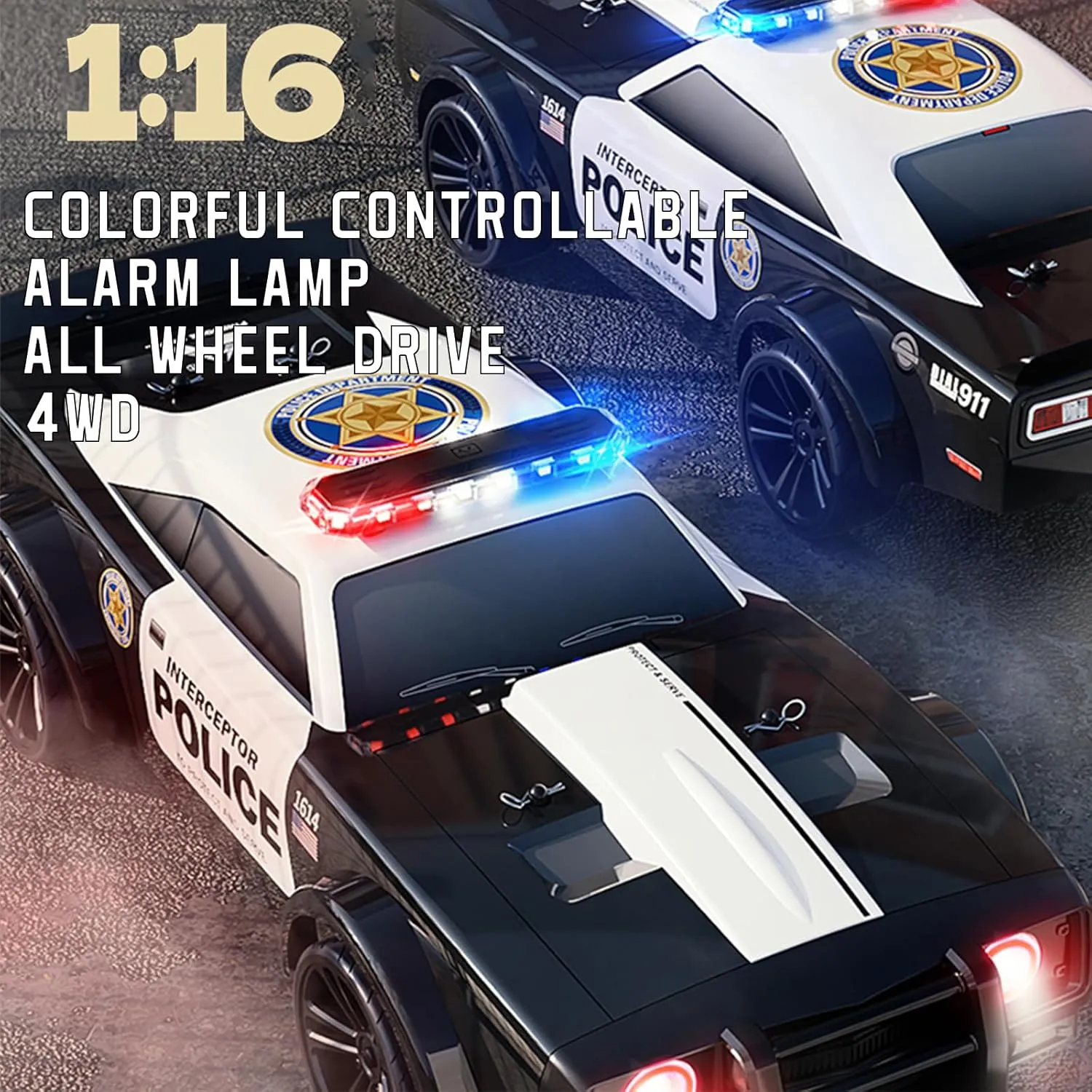 SG1614 RC Drift Car 2.4GHz 1:16 Scale 4WD High Speed Remote Control Cars Drift Police Car Model, Equipped with Cool Lights and Drift Tires