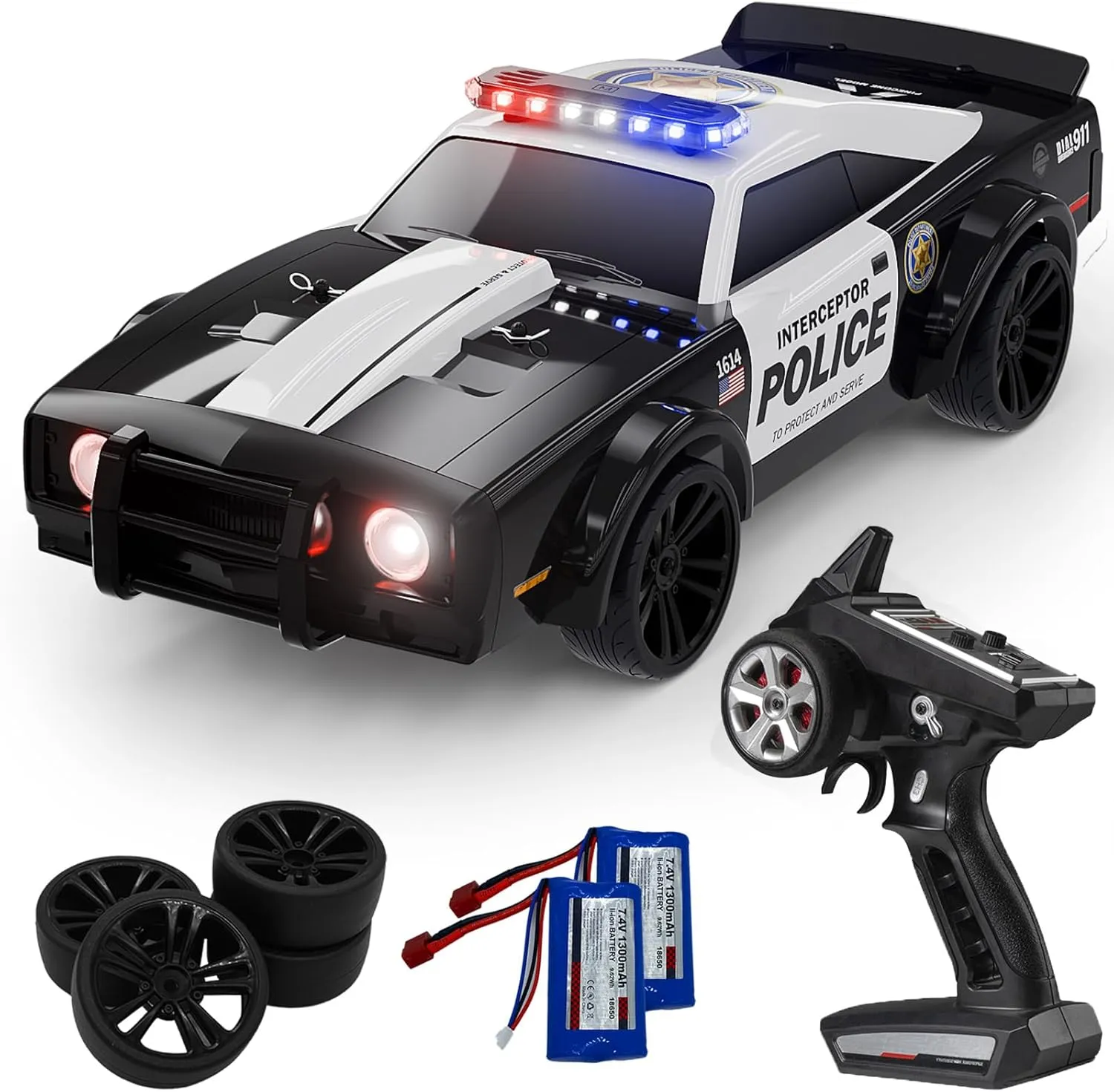 SG1614 RC Drift Car 2.4GHz 1:16 Scale 4WD High Speed Remote Control Cars Drift Police Car Model, Equipped with Cool Lights and Drift Tires