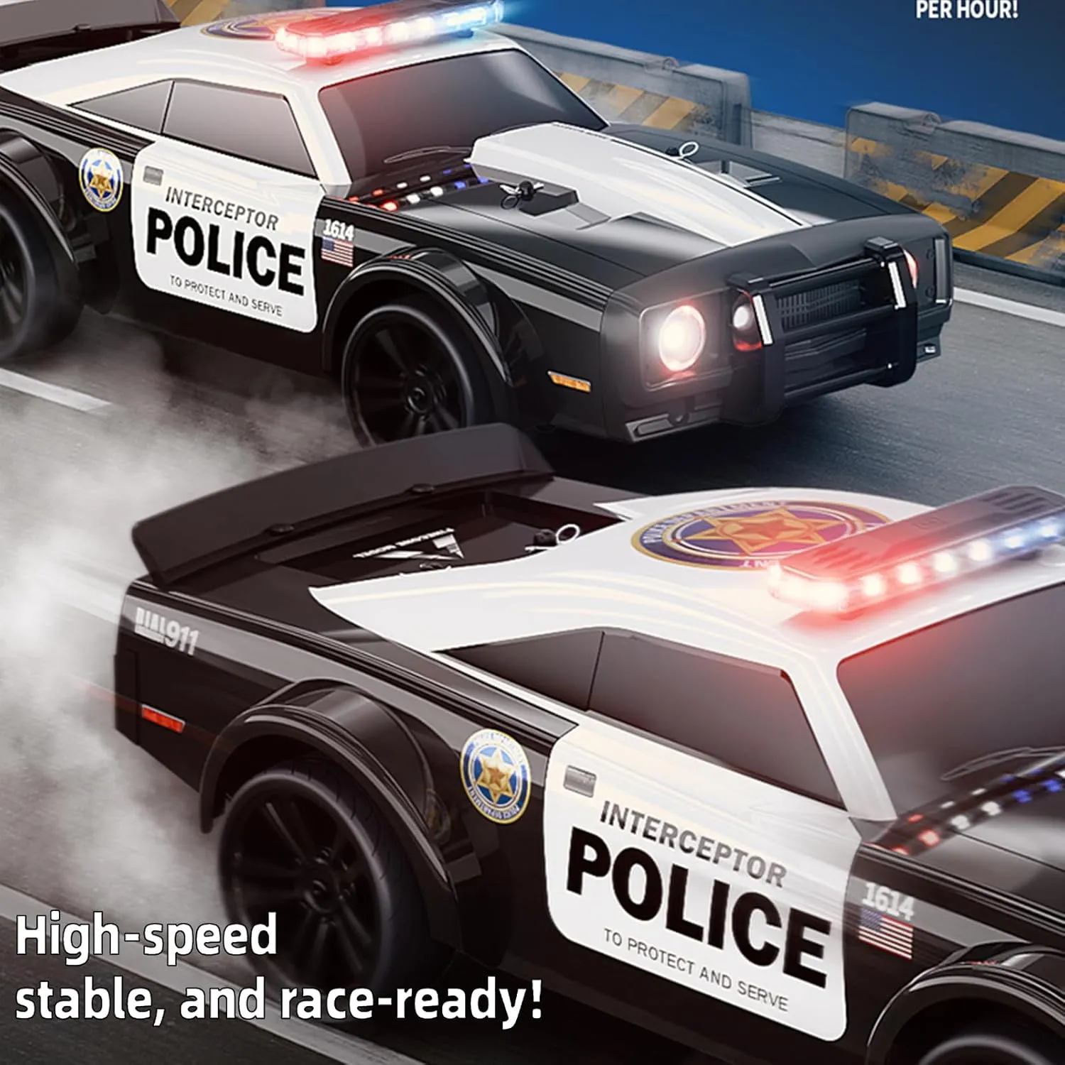 SG1614 RC Drift Car 2.4GHz 1:16 Scale 4WD High Speed Remote Control Cars Drift Police Car Model, Equipped with Cool Lights and Drift Tires