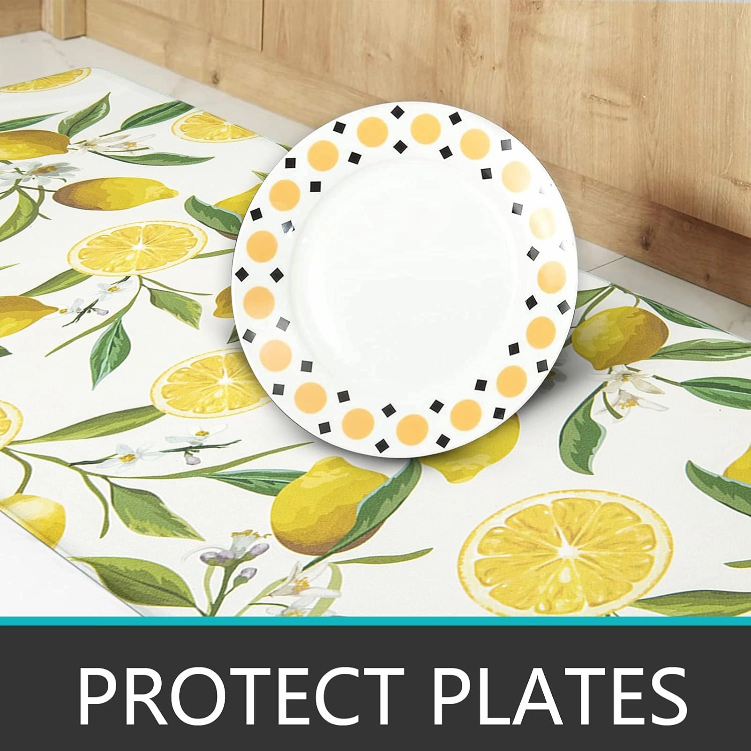 SHACOS Anti Fatigue Lemon Kitchen Rugs Mats Set of 2 Pieces Non Slip Soft Cushioned Standing Mat and Runner Wipeable Floor Mat, 17"x27.5" 17"x47", White