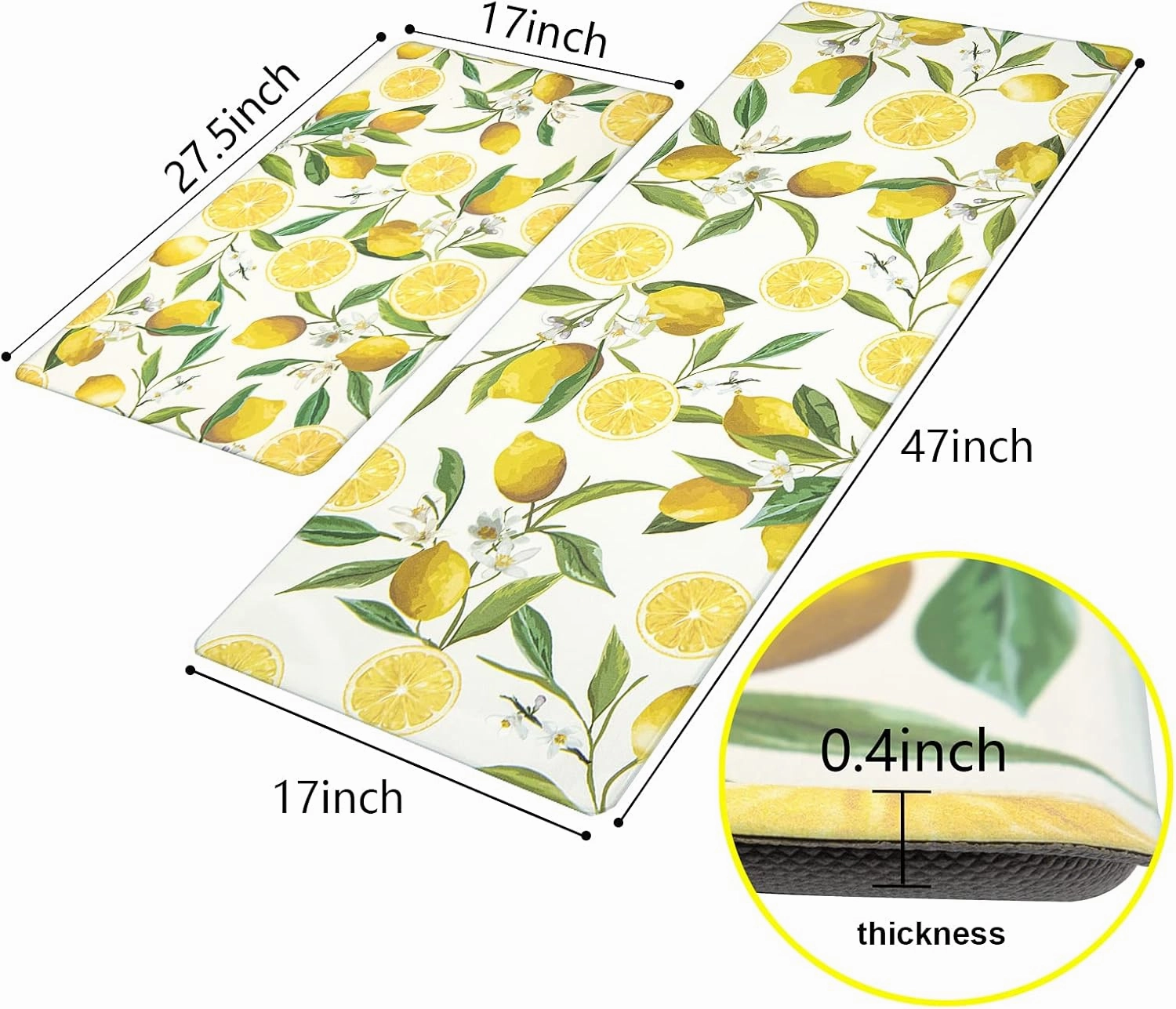 SHACOS Anti Fatigue Lemon Kitchen Rugs Mats Set of 2 Pieces Non Slip Soft Cushioned Standing Mat and Runner Wipeable Floor Mat, 17"x27.5" 17"x47", White