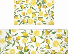 SHACOS Anti Fatigue Lemon Kitchen Rugs Mats Set of 2 Pieces Non Slip Soft Cushioned Standing Mat and Runner Wipeable Floor Mat, 17"x27.5" 17"x47", White